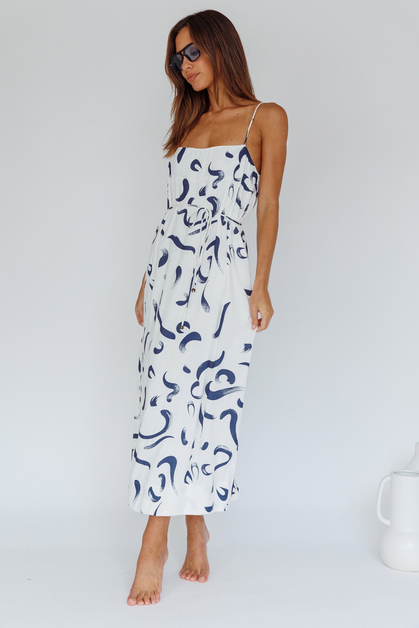 Rossy Waist Tie Midi Dress Printed Navy by Selfie Leslie