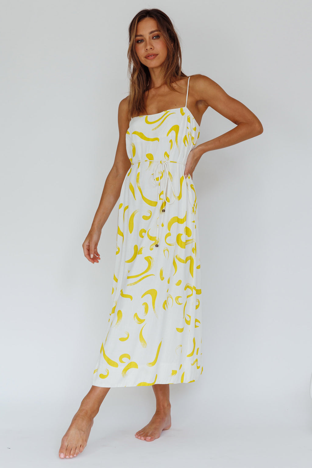 Rossy Waist Tie Midi Dress Printed Yellow by Selfie Leslie