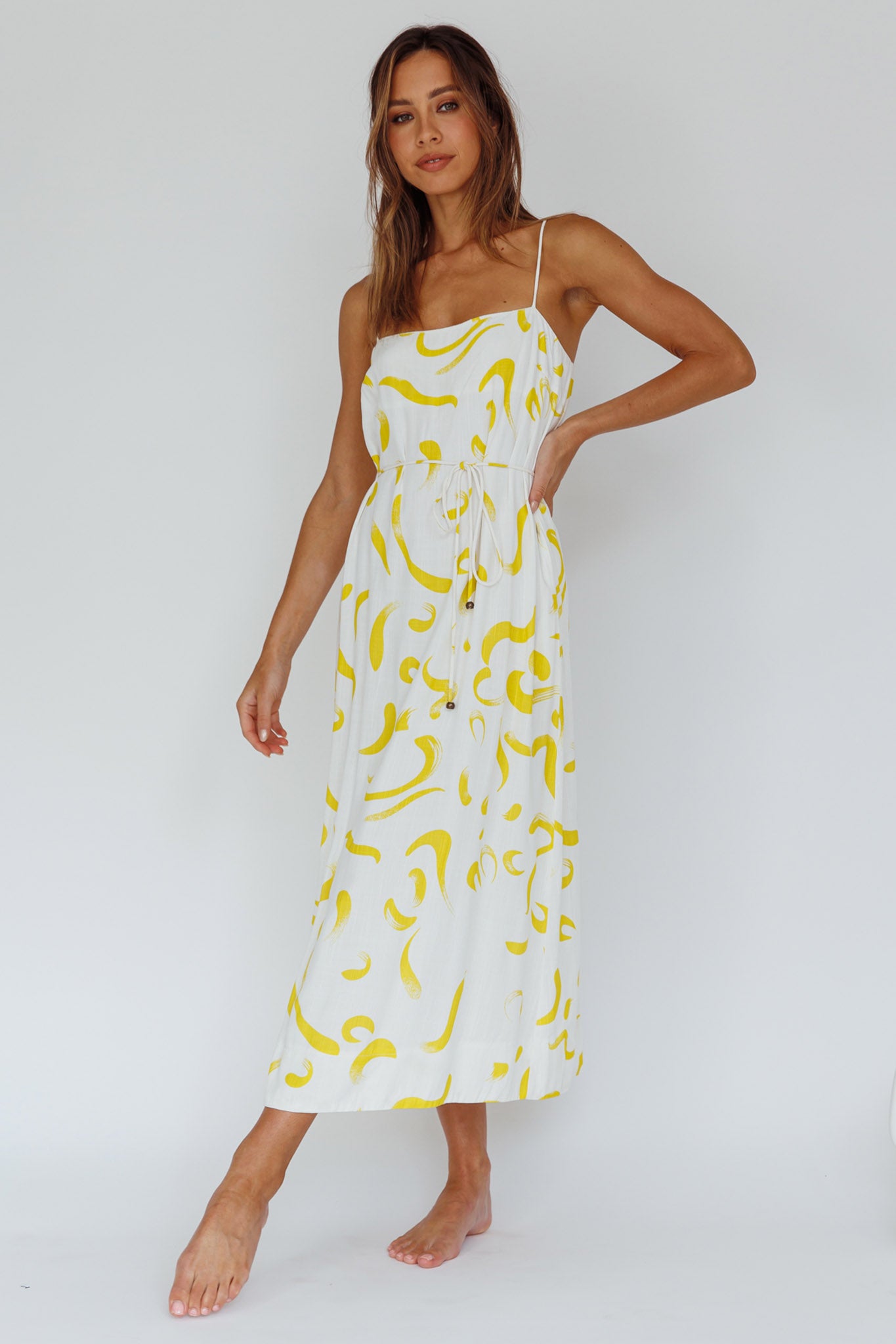 Rossy Waist Tie Midi Dress Printed Yellow by Selfie Leslie