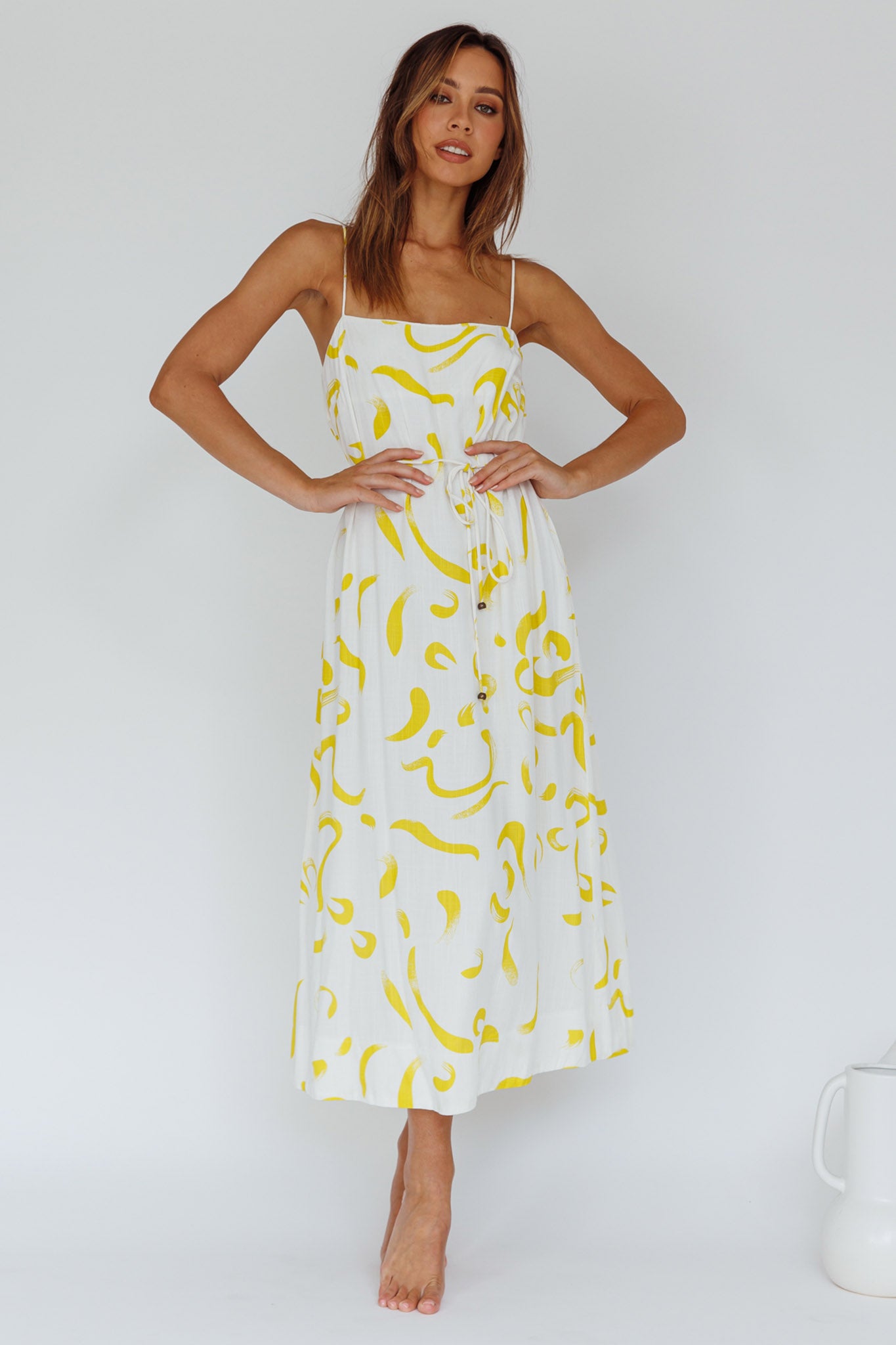 Rossy Waist Tie Midi Dress Printed Yellow by Selfie Leslie