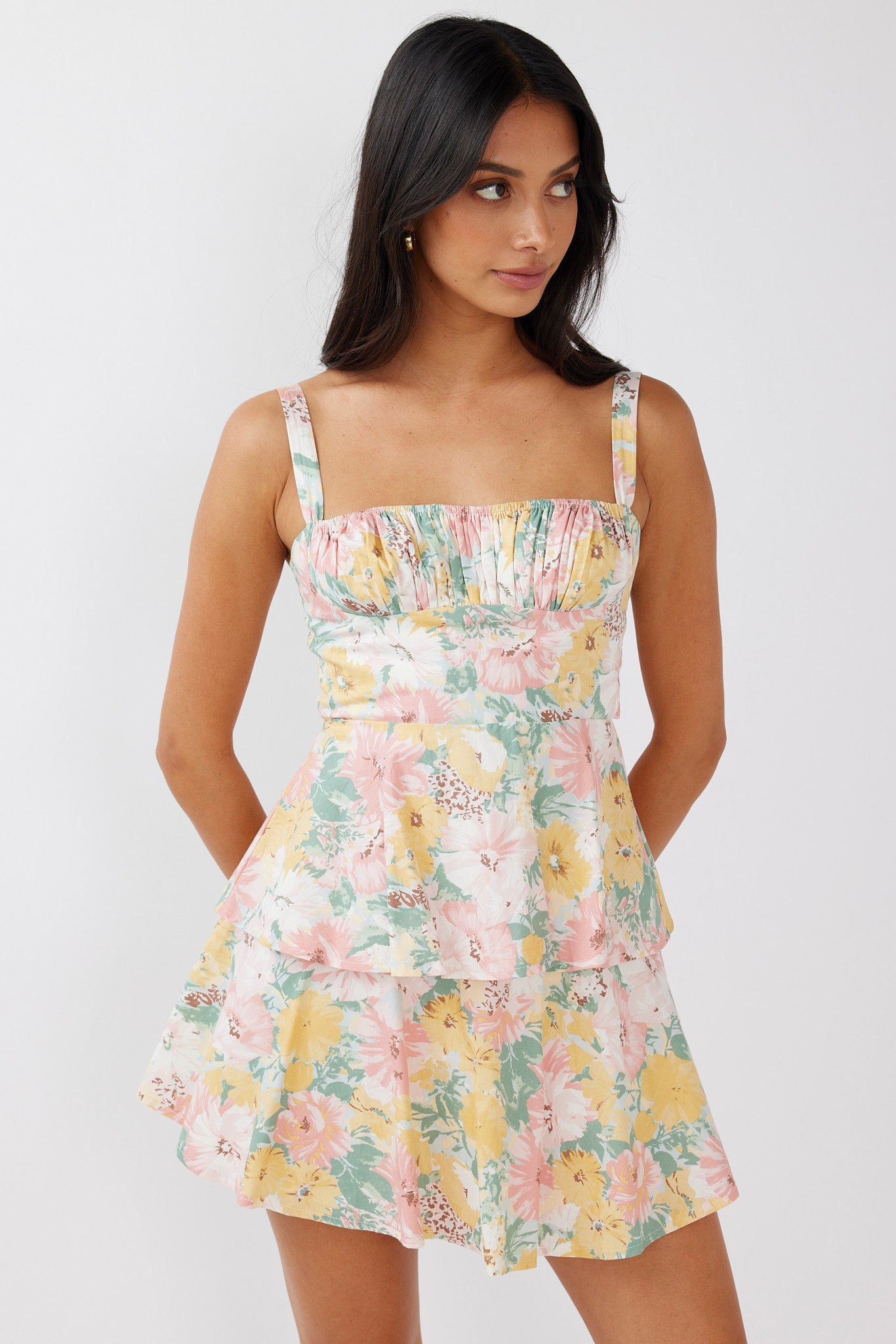 Provence Bloom Tiered Mini Dress Multi Blush by Selfie Leslie