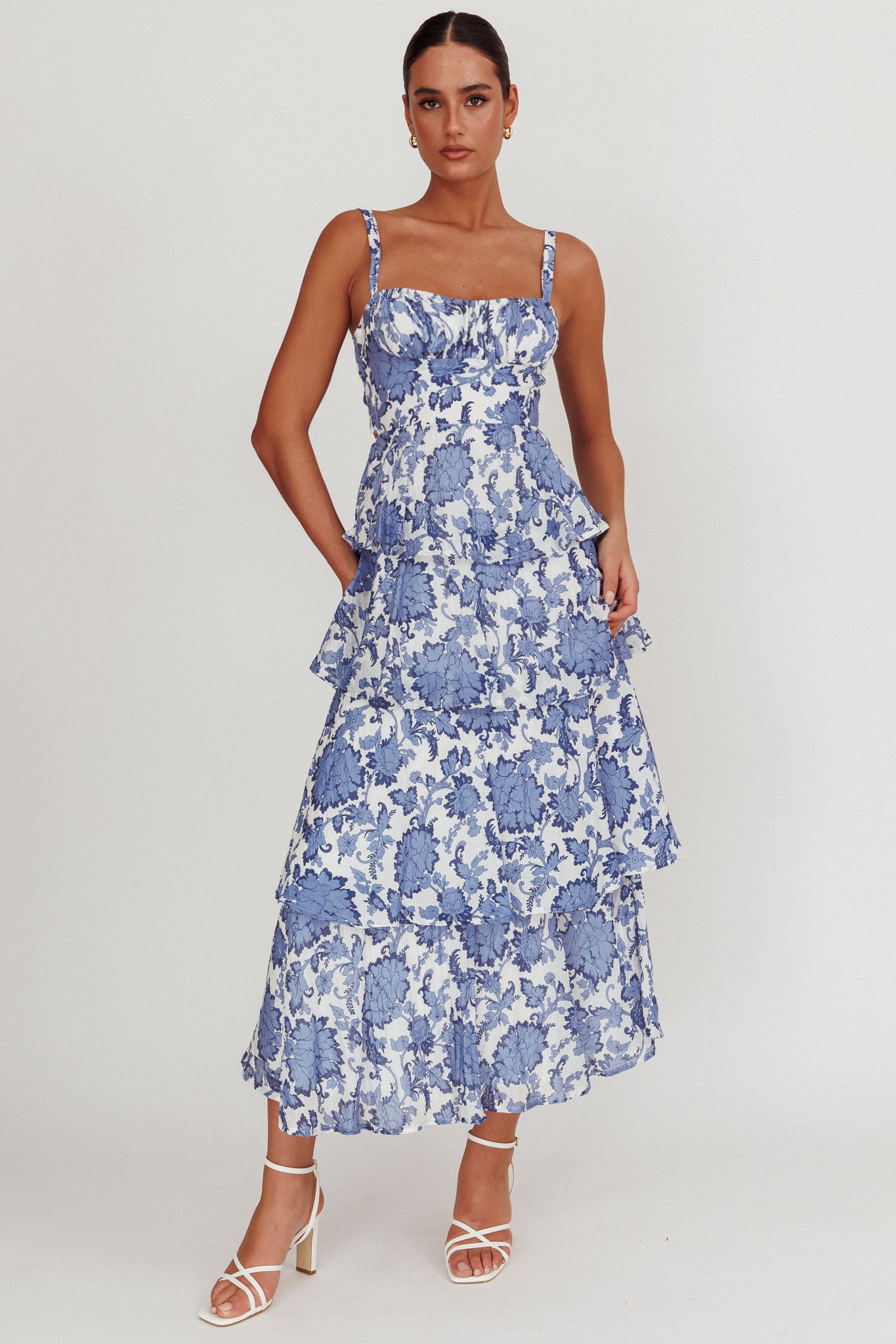 Provence Bloom Tiered Maxi Dress Floral Blue by Selfie Leslie