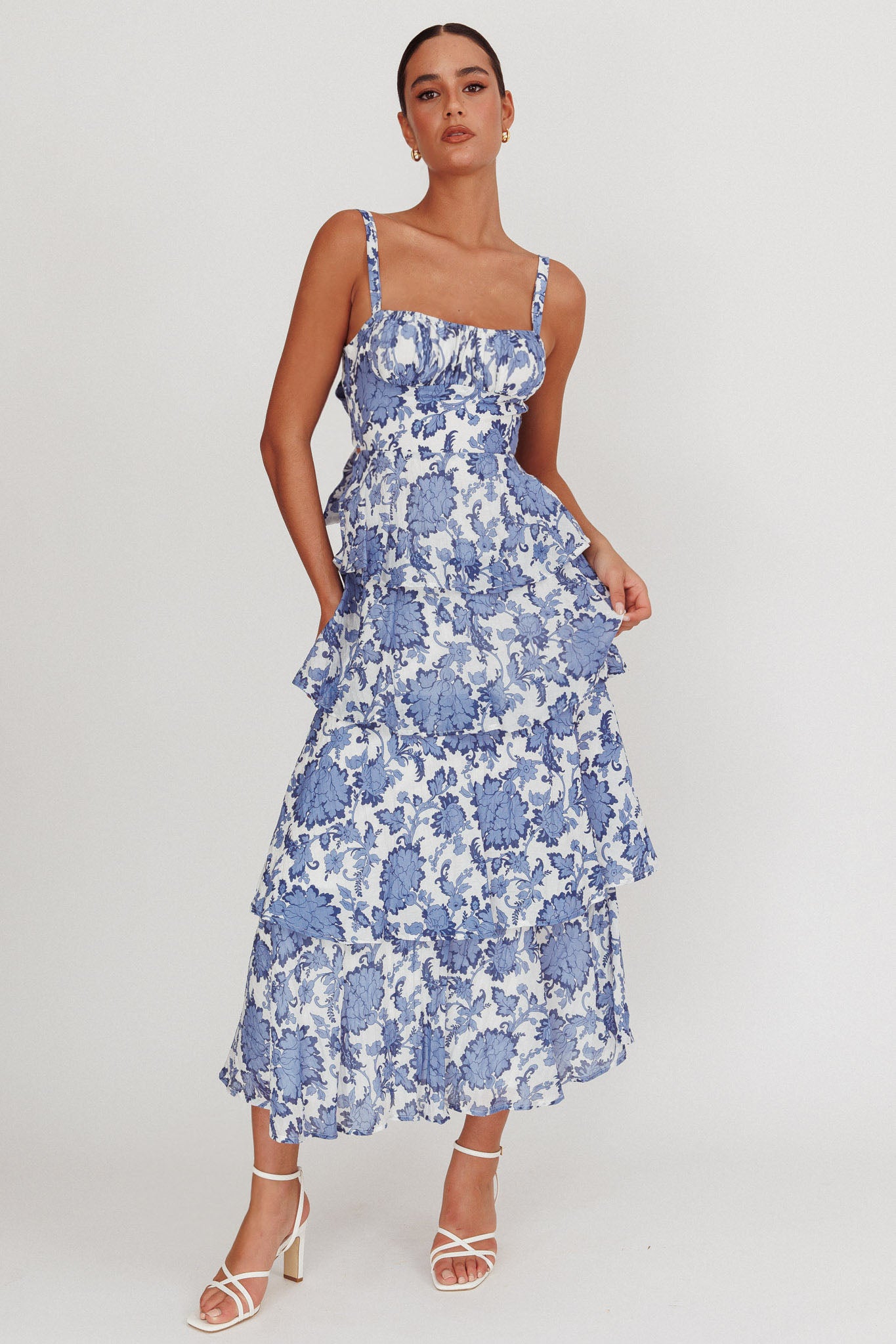 Provence Bloom Tiered Maxi Dress Floral Blue by Selfie Leslie