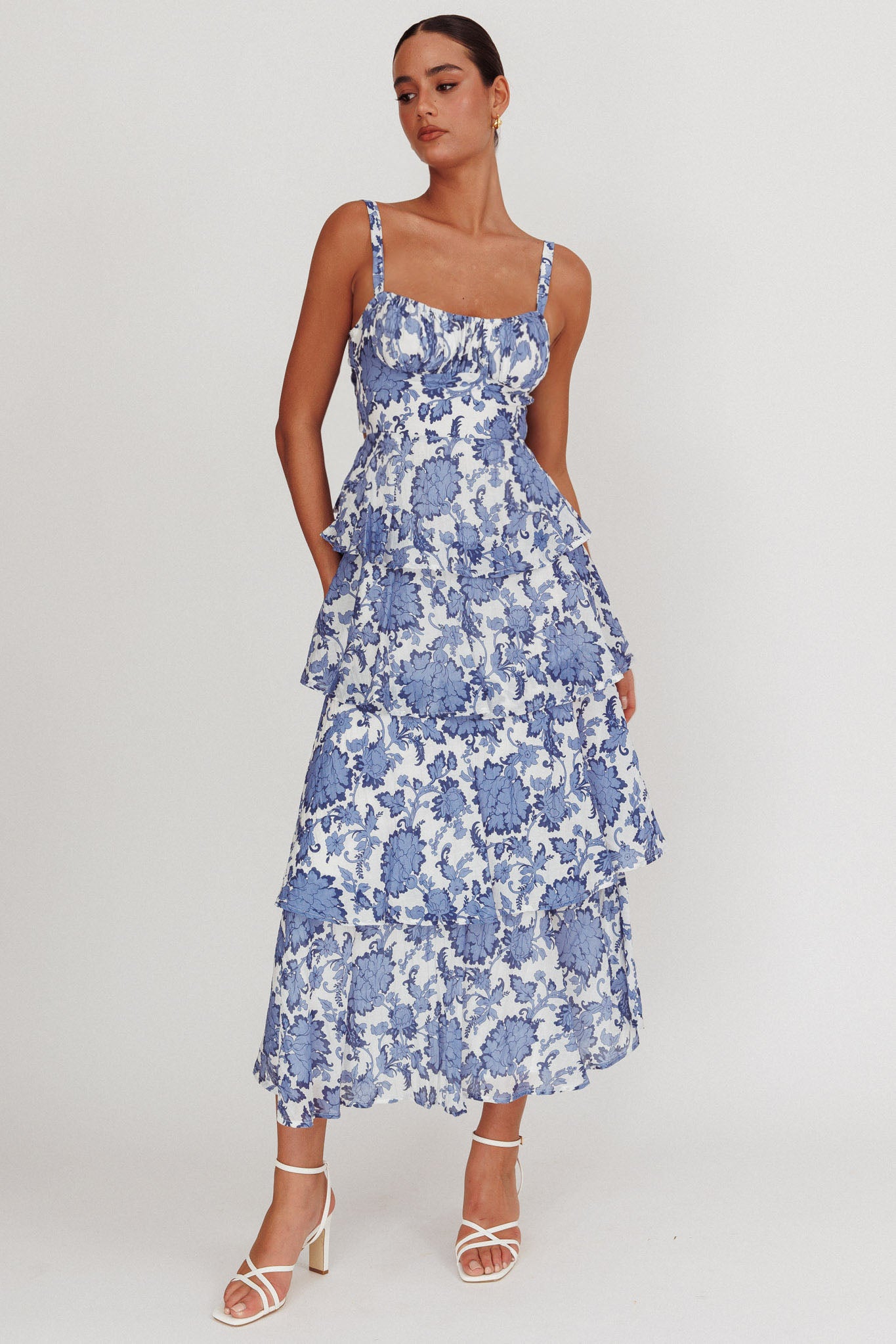 Provence Bloom Tiered Maxi Dress Floral Blue by Selfie Leslie