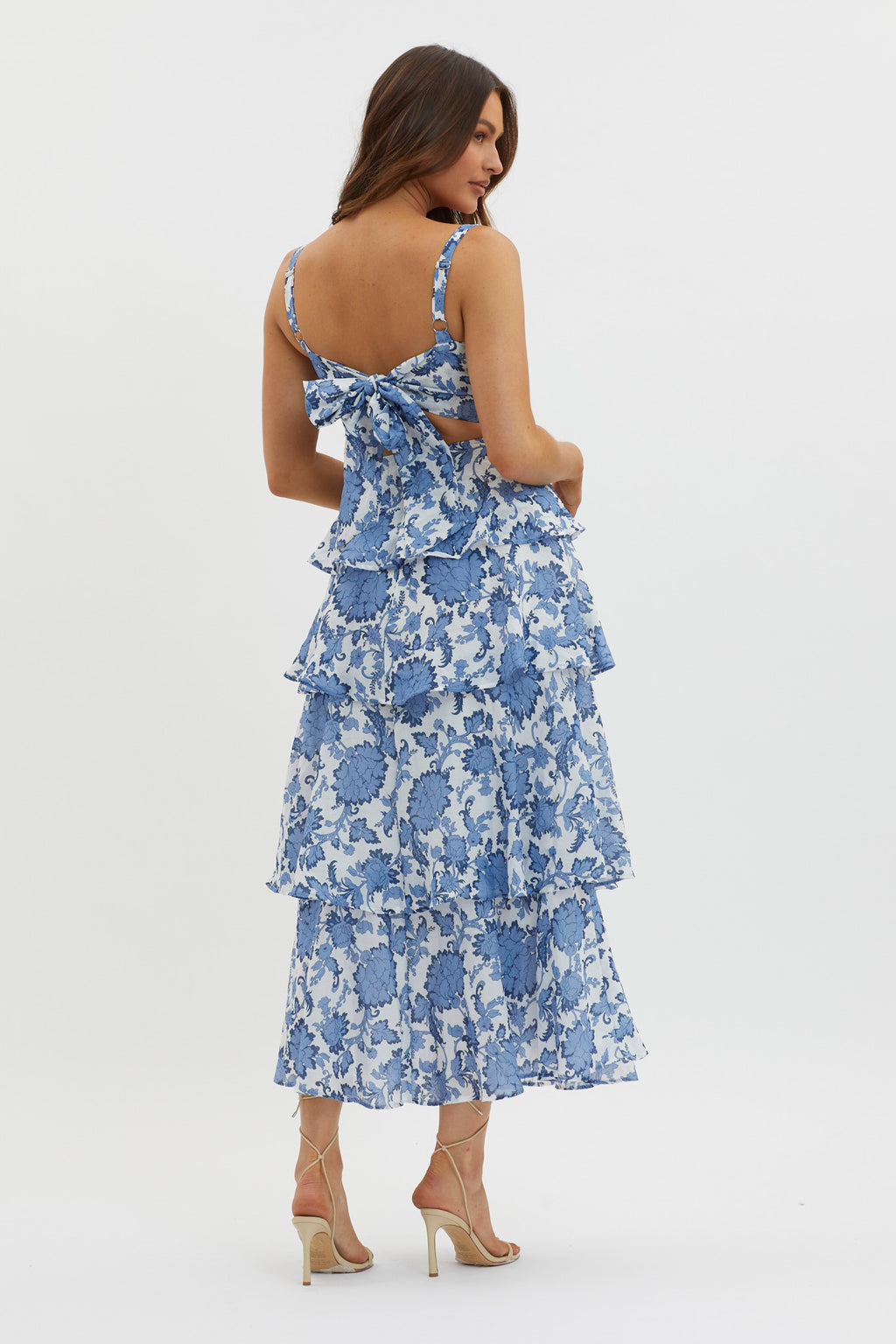 provence bloom tiered ruffle maxi dress floral Provence Bloom Tiered Midi Dress Floral Blue