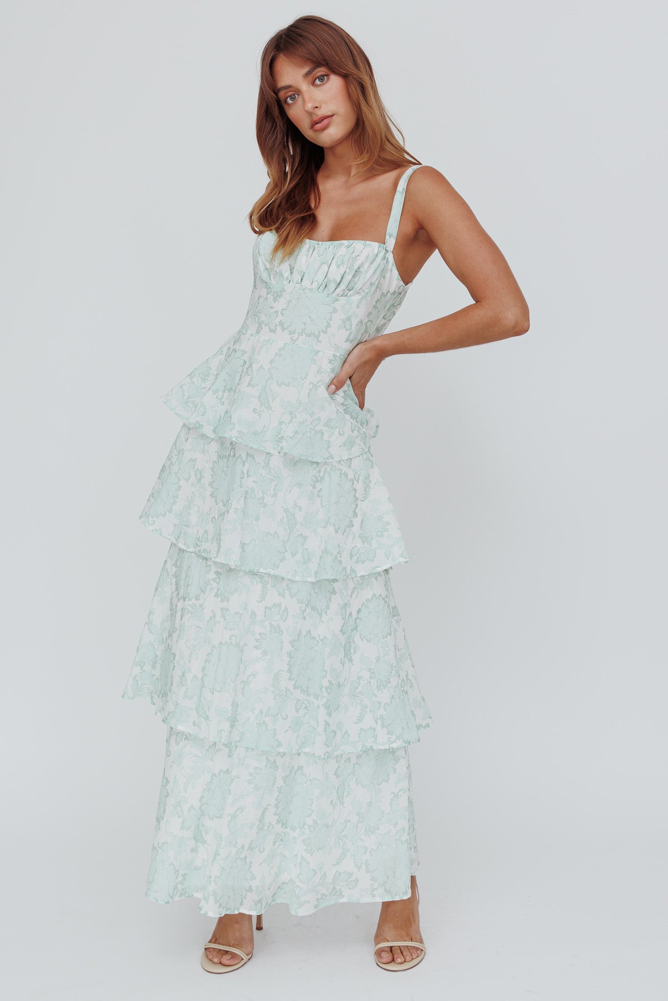 Provence Bloom Tiered Maxi Dress Floral Sage by Selfie Leslie