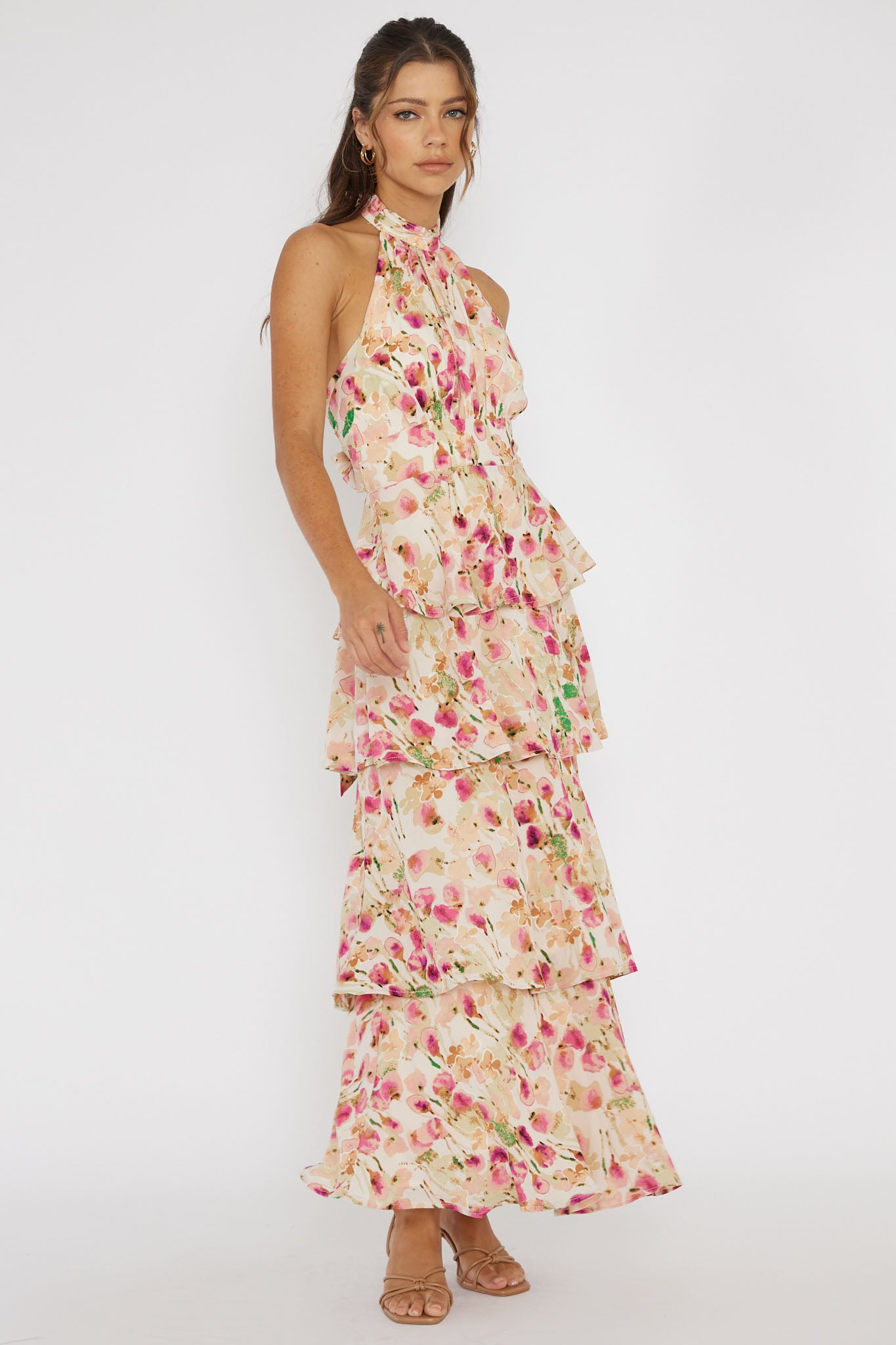 Provence Bloom Tiered Halterneck Dress Pink by Selfie Leslie