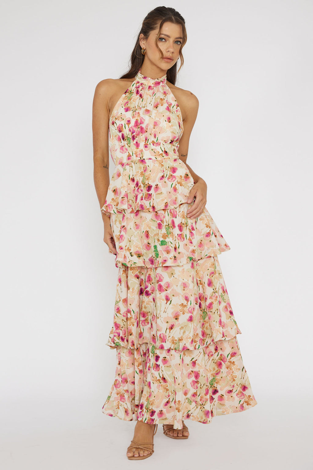 Provence Bloom Tiered Halterneck Dress Pink by Selfie Leslie