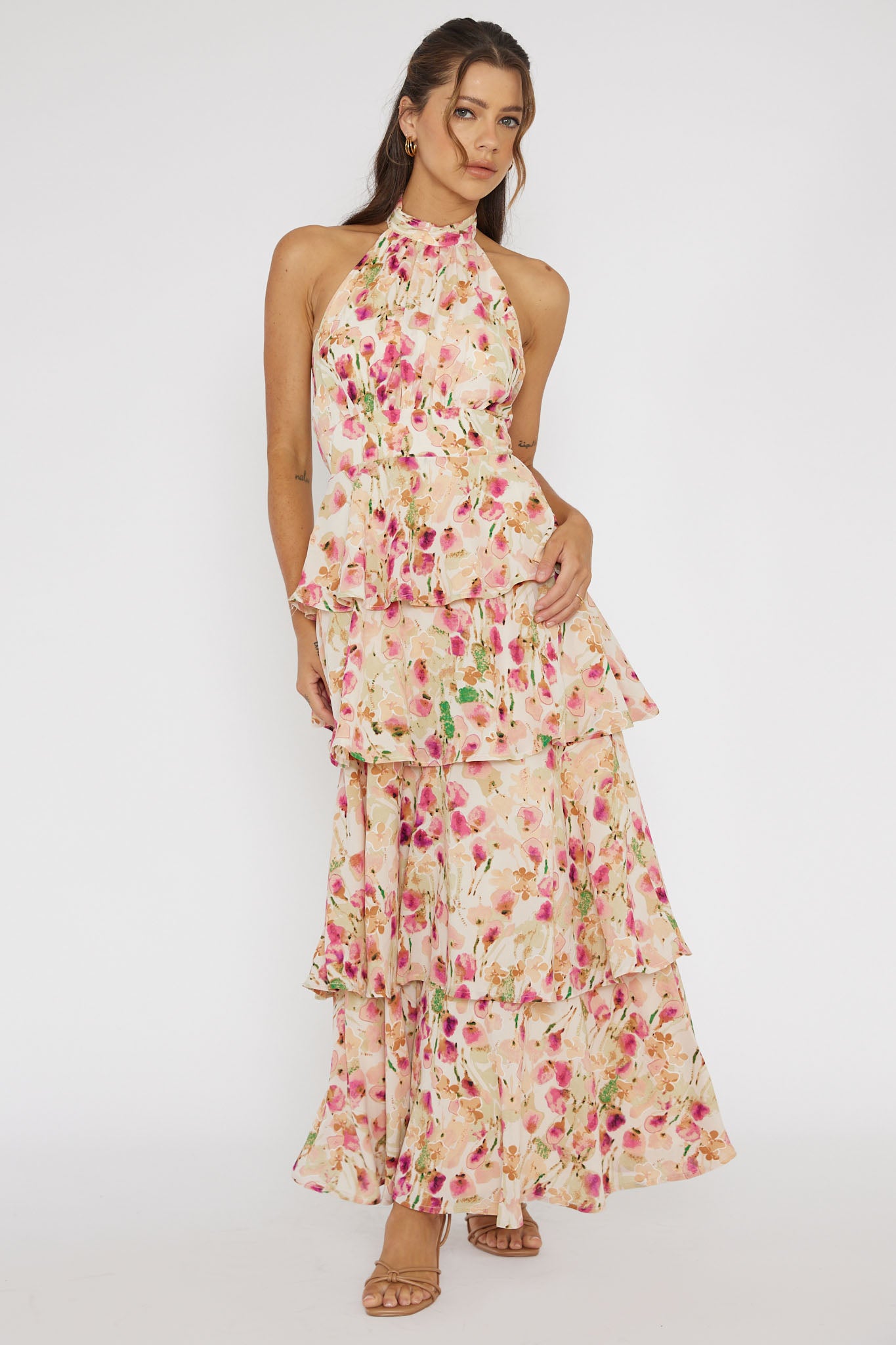 Provence Bloom Tiered Halterneck Dress Pink by Selfie Leslie