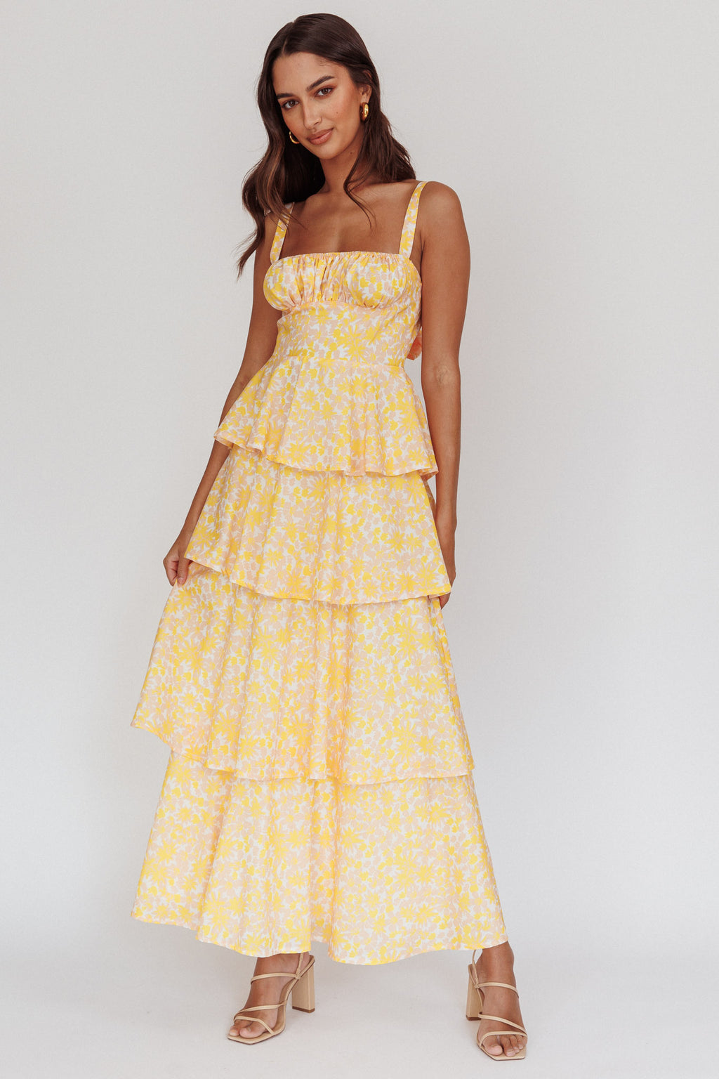 Provence Bloom Tiered Ruffle Floral Maxi Dress Yellow by Selfie Leslie