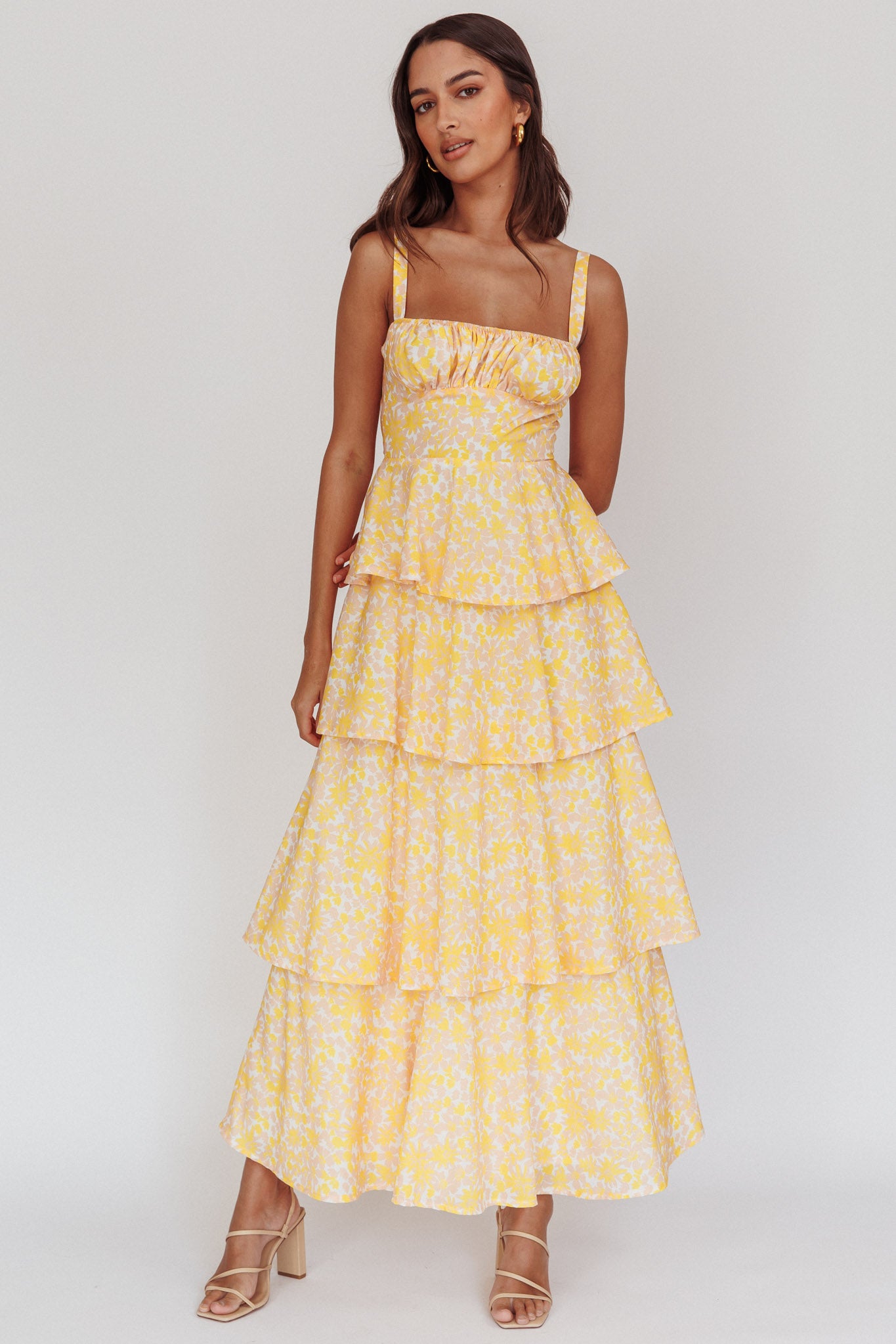 Provence Bloom Tiered Ruffle Floral Maxi Dress Yellow by Selfie Leslie
