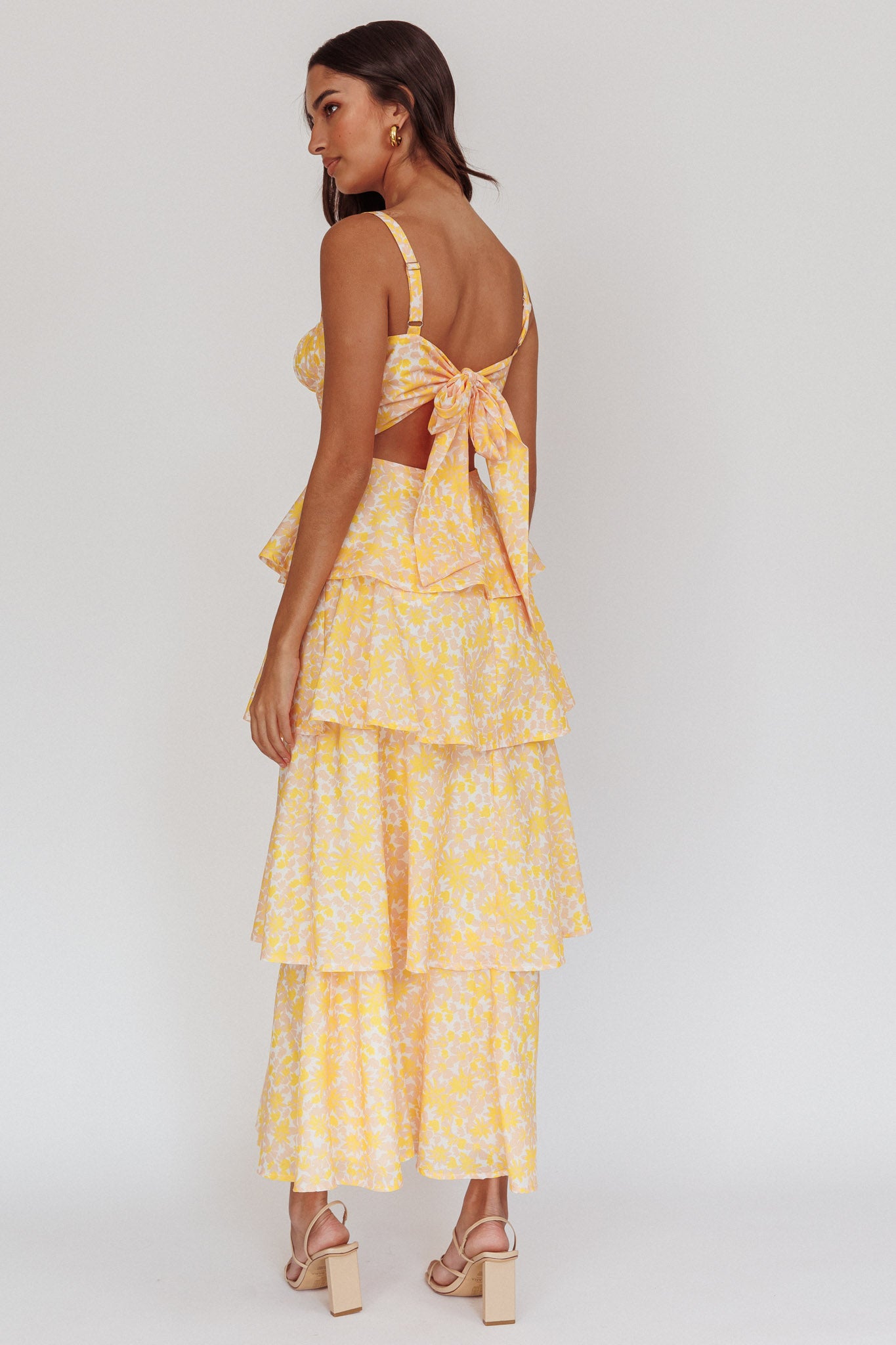 Provence Bloom Tiered Ruffle Floral Maxi Dress Yellow by Selfie Leslie