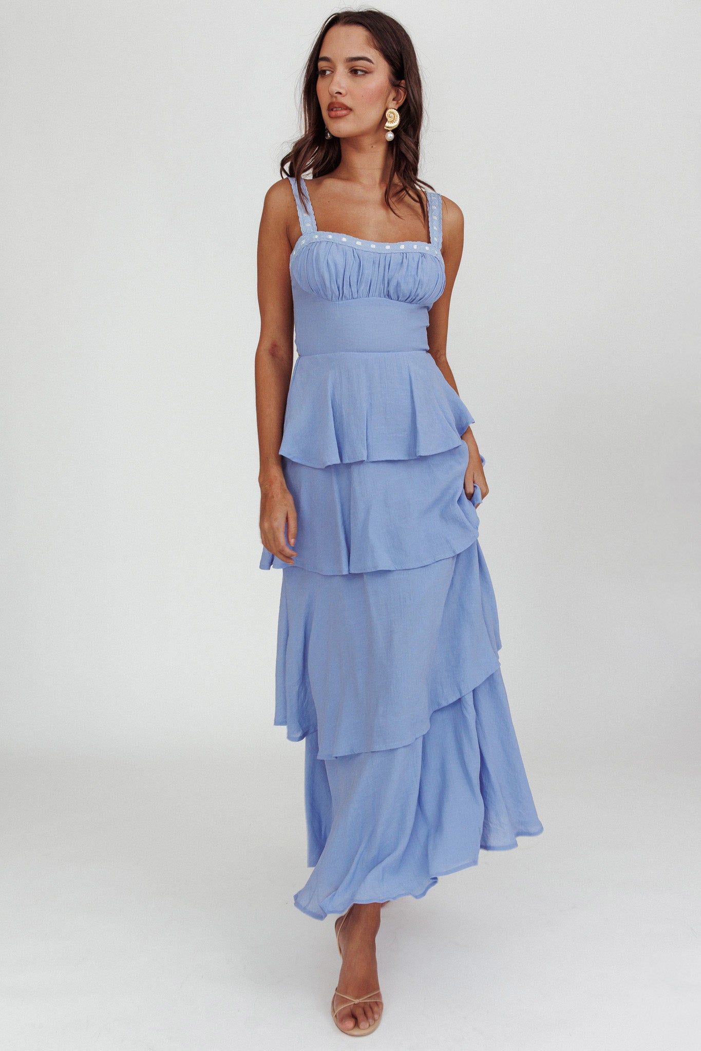 Provence Bloom Tiered Ruffle Maxi Dress Blue by Selfie Leslie