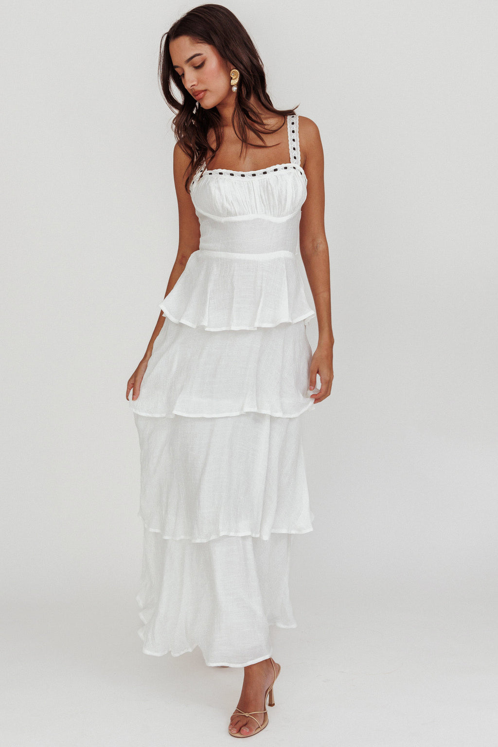 Provence Bloom Tiered Ruffle Maxi Dress White by Selfie Leslie