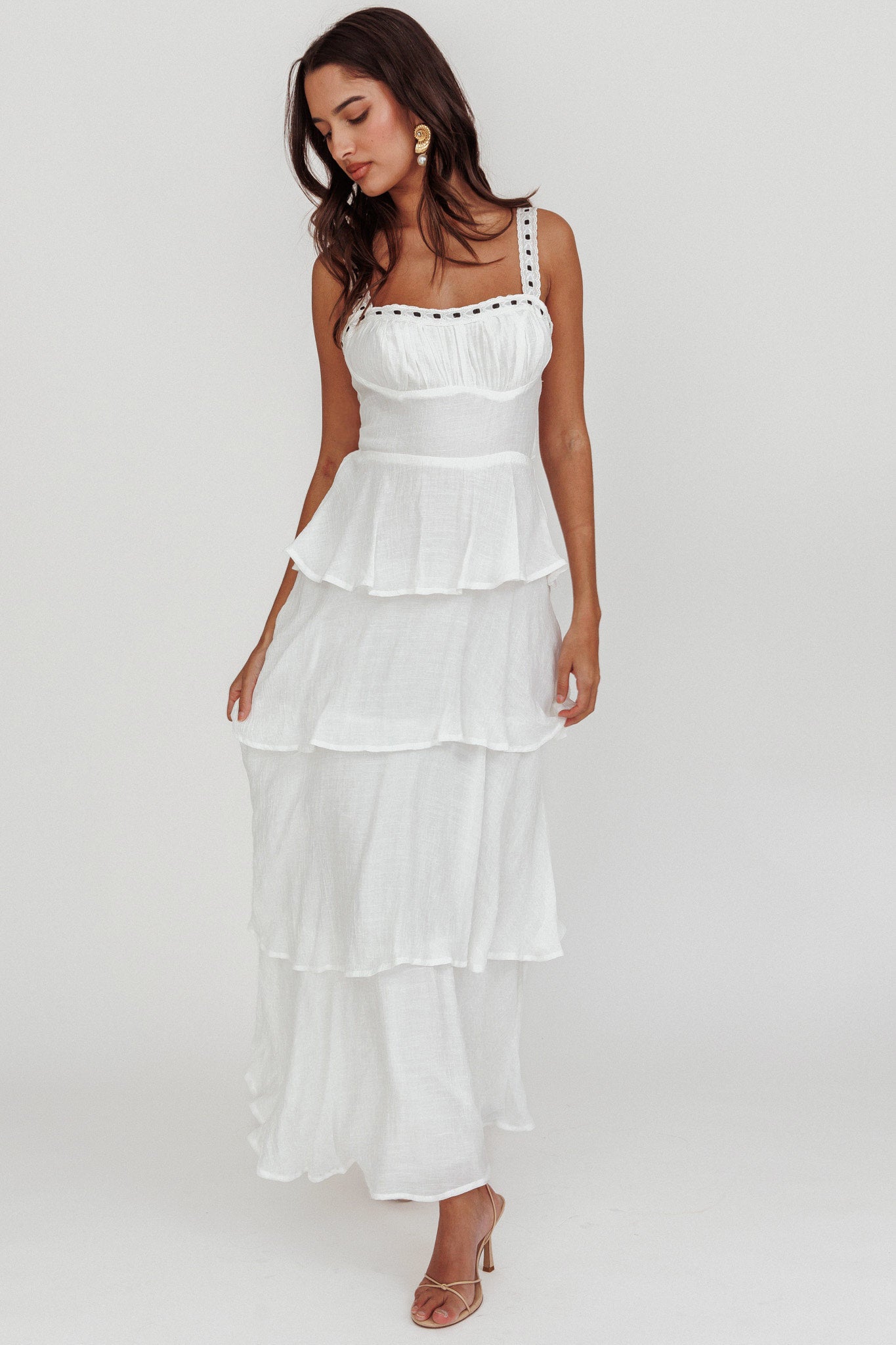 Provence Bloom Tiered Ruffle Maxi Dress White by Selfie Leslie