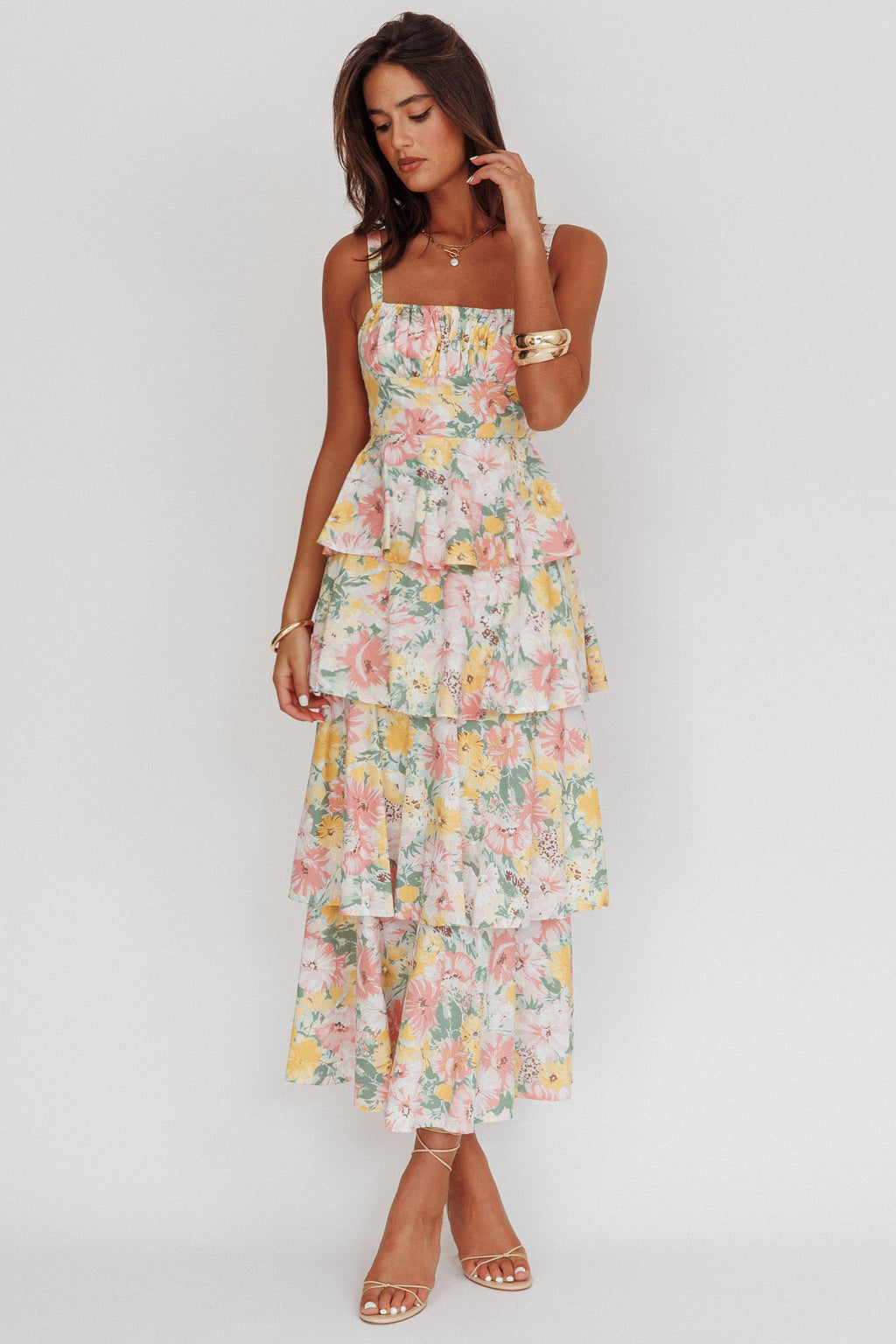 petite asymmetric chiffon tiered ruffle floral maxi dress Ayanna Floral Pleated Tiered Maxi Dress