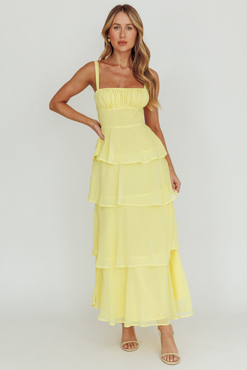 Provence Bloom Tiered Ruffle Maxi Dress Yellow - S Provence Bloom Tiered Ruffle Maxi Dress Yellow - S