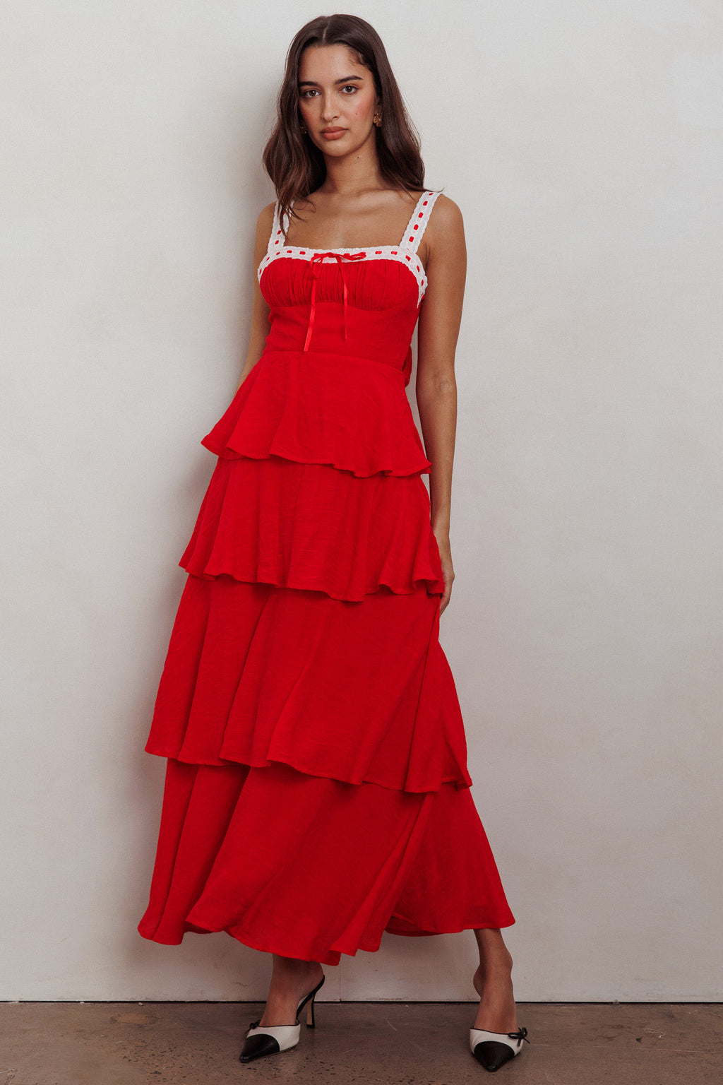 Provence Bloom Tiered Ruffle Maxi Dress Red by Selfie Leslie