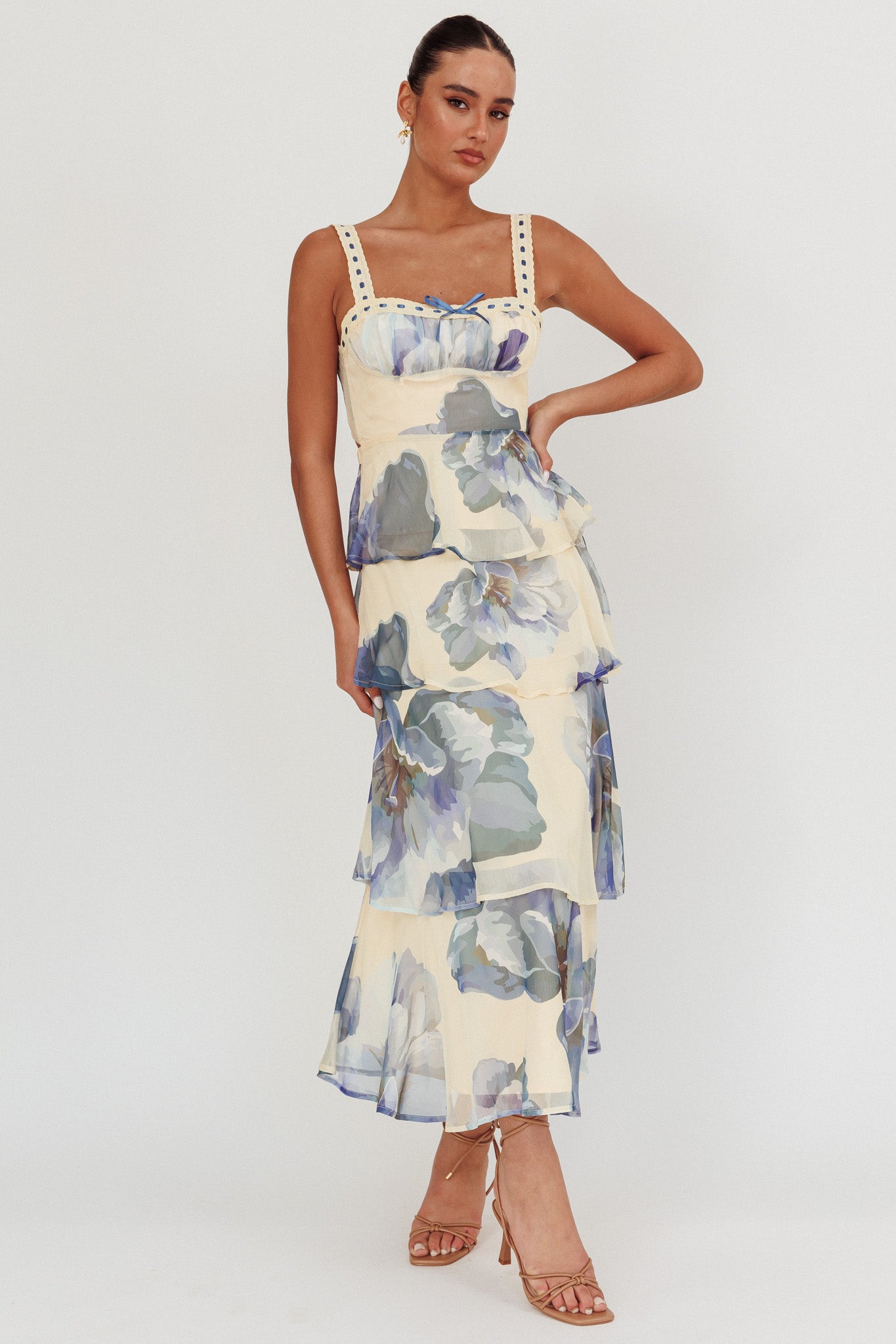 Provence Bloom Tiered Ruffle Maxi Dress Beige/Blue - XL Provence Bloom Tiered Ruffle Maxi Dress Beige/Blue - XL