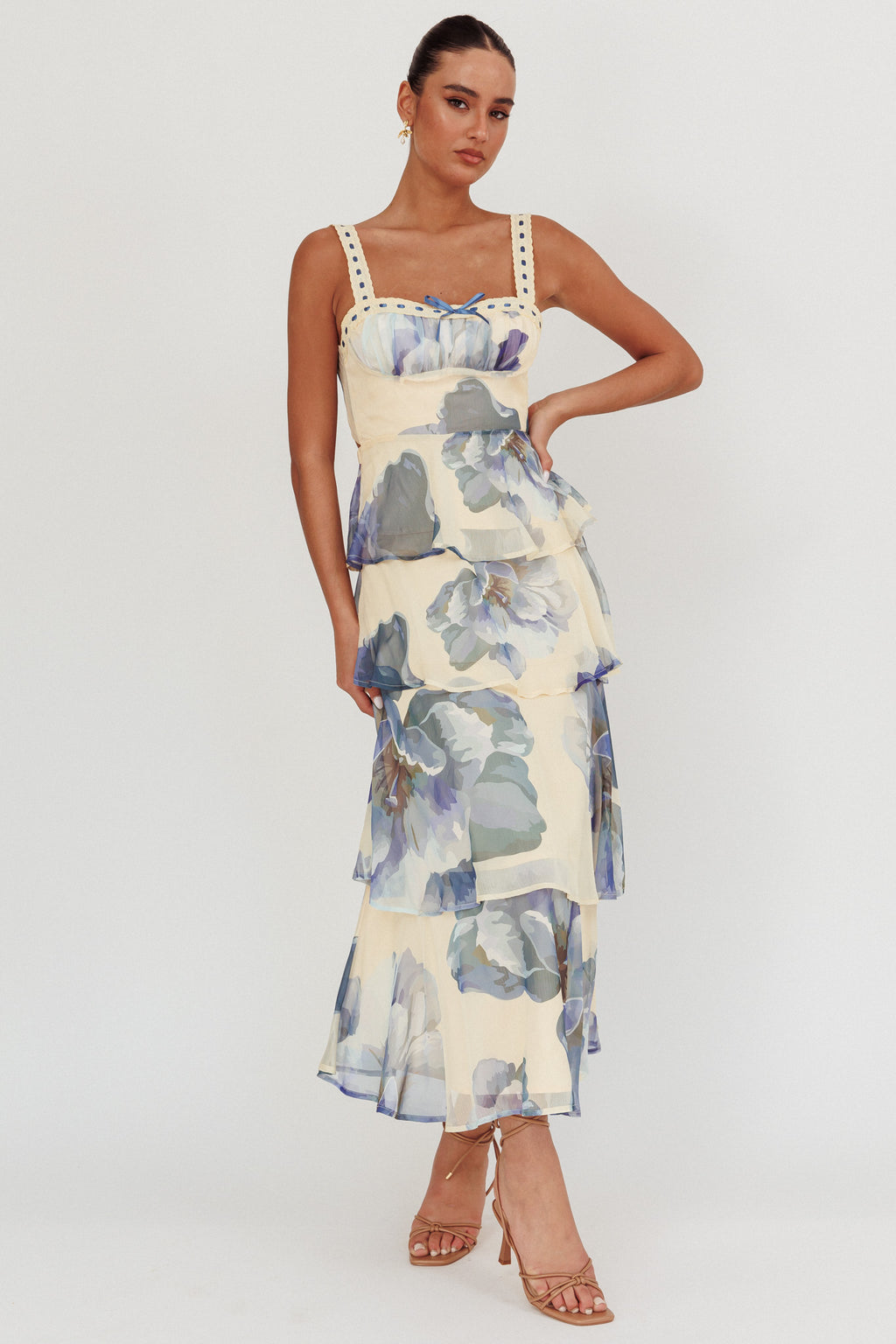 Provence Bloom Tiered Ruffle Maxi Dress Beige/Blue by Selfie Leslie