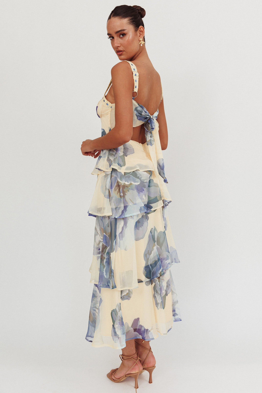 Provence Bloom Tiered Ruffle Maxi Dress Beige/Blue by Selfie Leslie