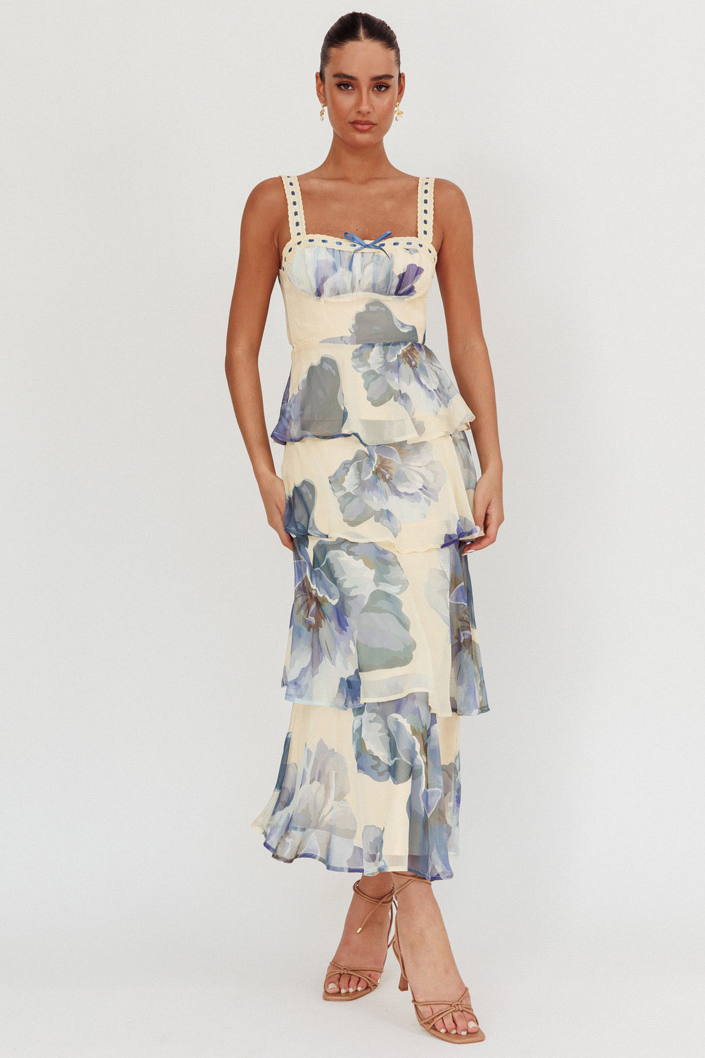Provence Bloom Tiered Ruffle Maxi Dress Beige/Blue by Selfie Leslie