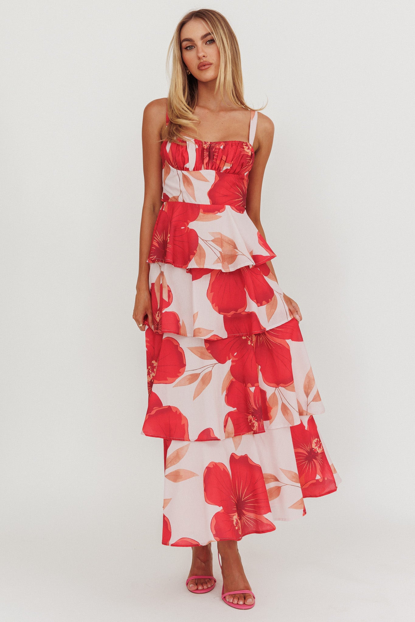 Provence Bloom Tiered Ruffle Floral Maxi Dress Blush by Selfie Leslie