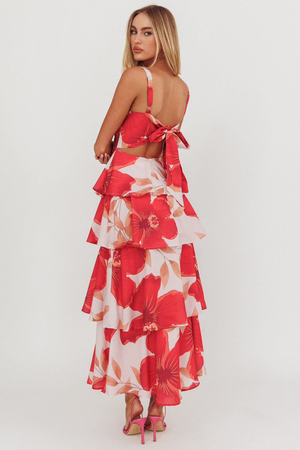 Provence Bloom Tiered Ruffle Floral Maxi Dress Blush by Selfie Leslie