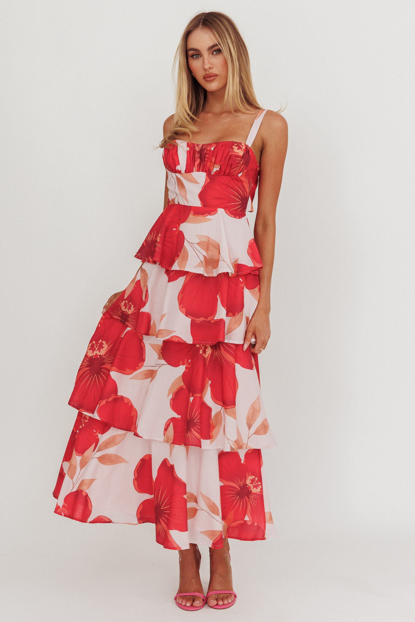 Provence Bloom Tiered Ruffle Floral Maxi Dress Blush by Selfie Leslie