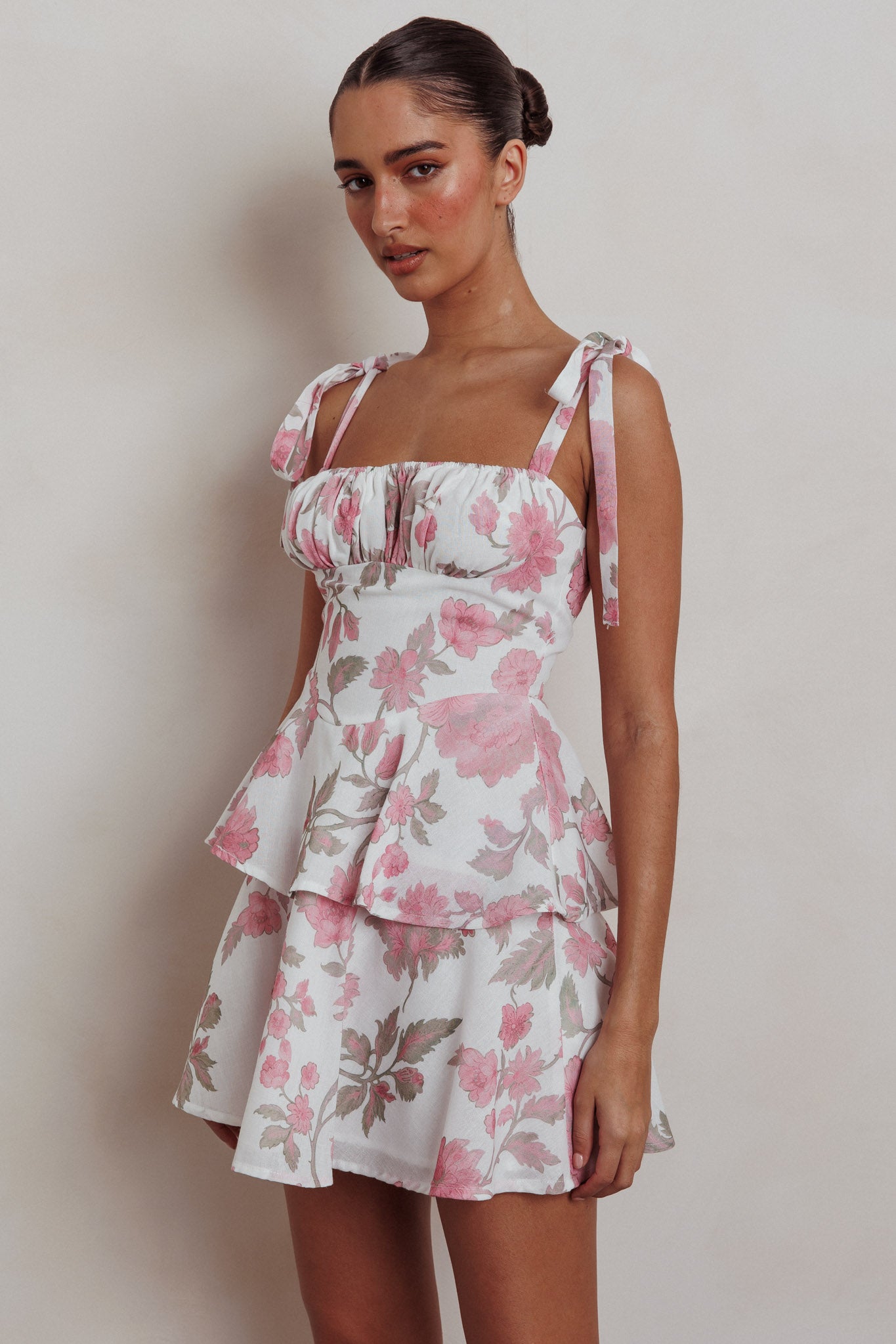 Provence Bloom Peplum Mini Dress Floral Pink by Selfie Leslie