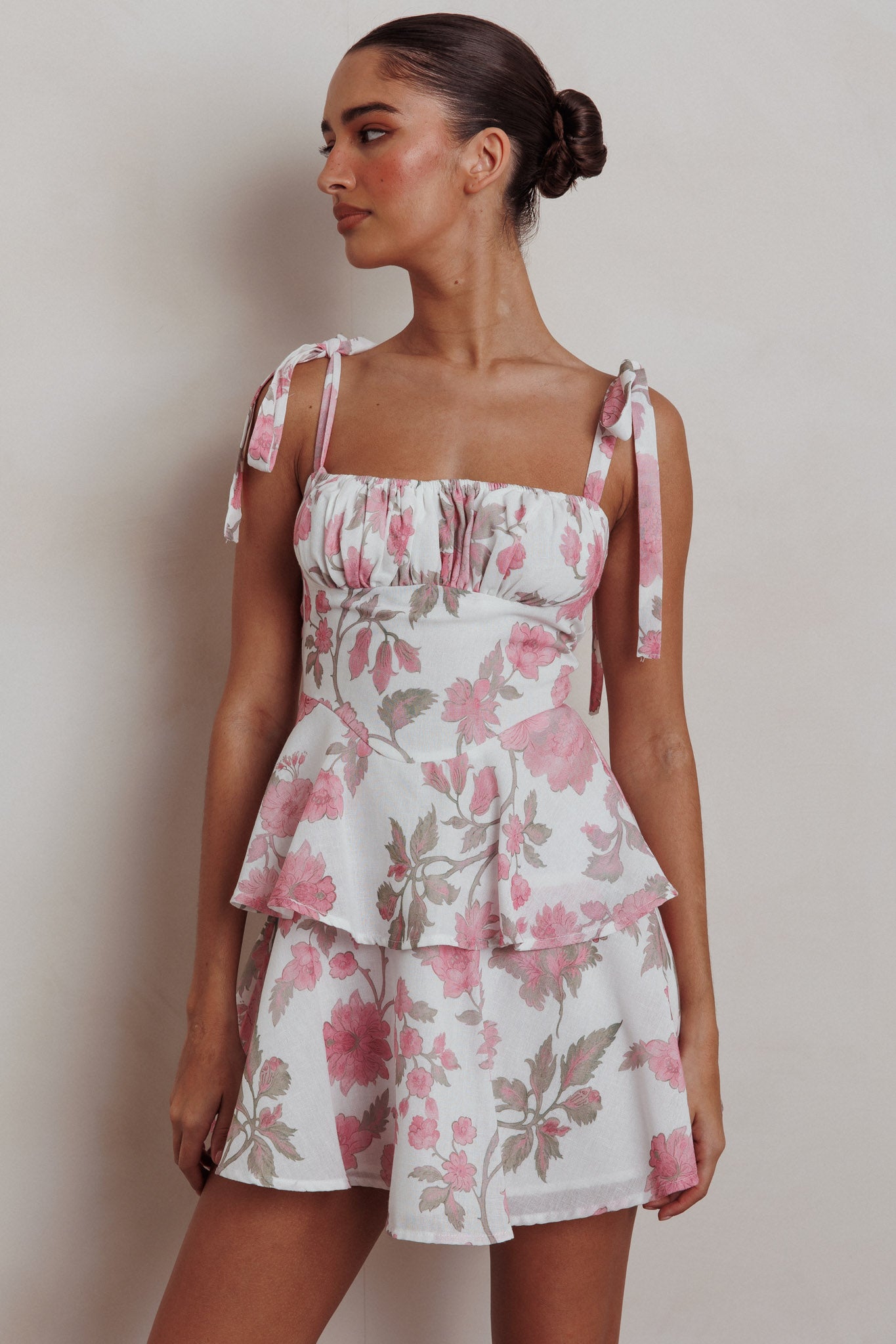 Provence Bloom Peplum Mini Dress Floral Pink by Selfie Leslie