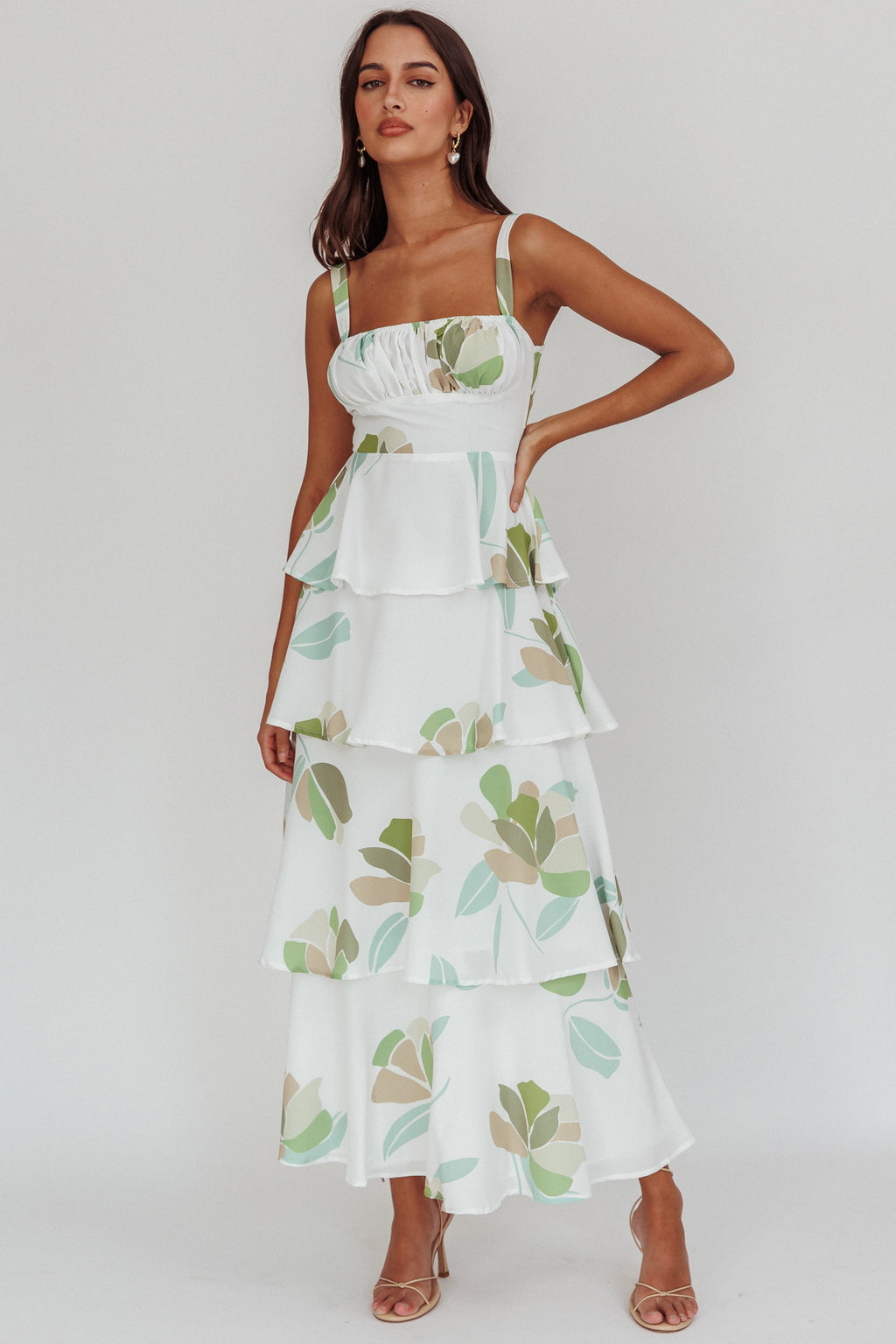 Provence Bloom Tiered Floral Maxi Dress Green by Selfie Leslie