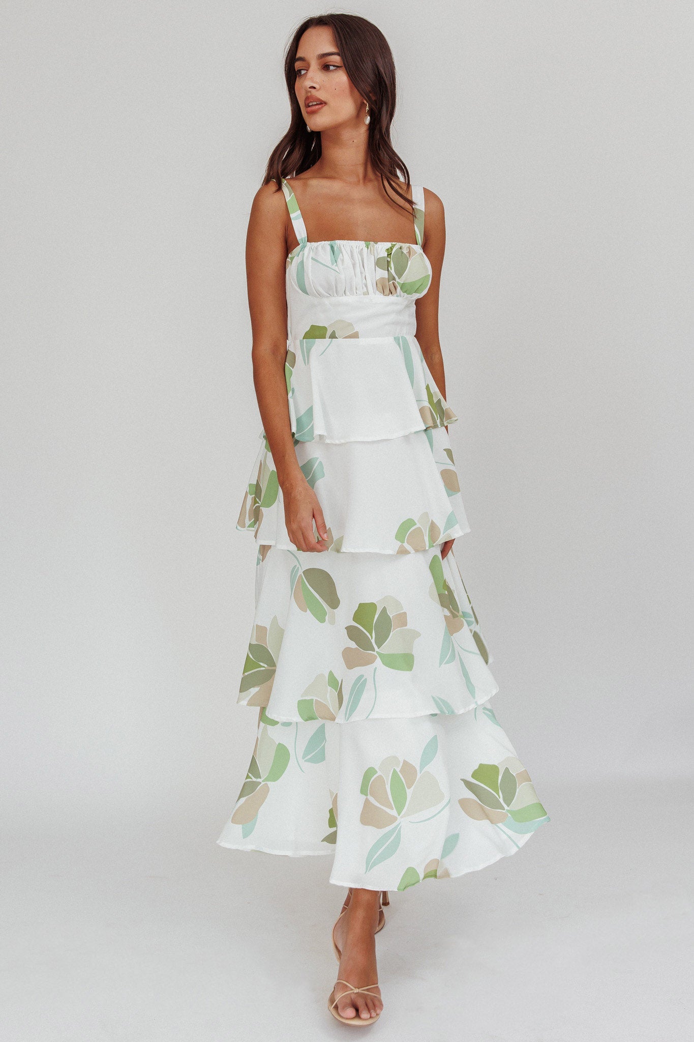 Provence Bloom Tiered Floral Maxi Dress Green by Selfie Leslie
