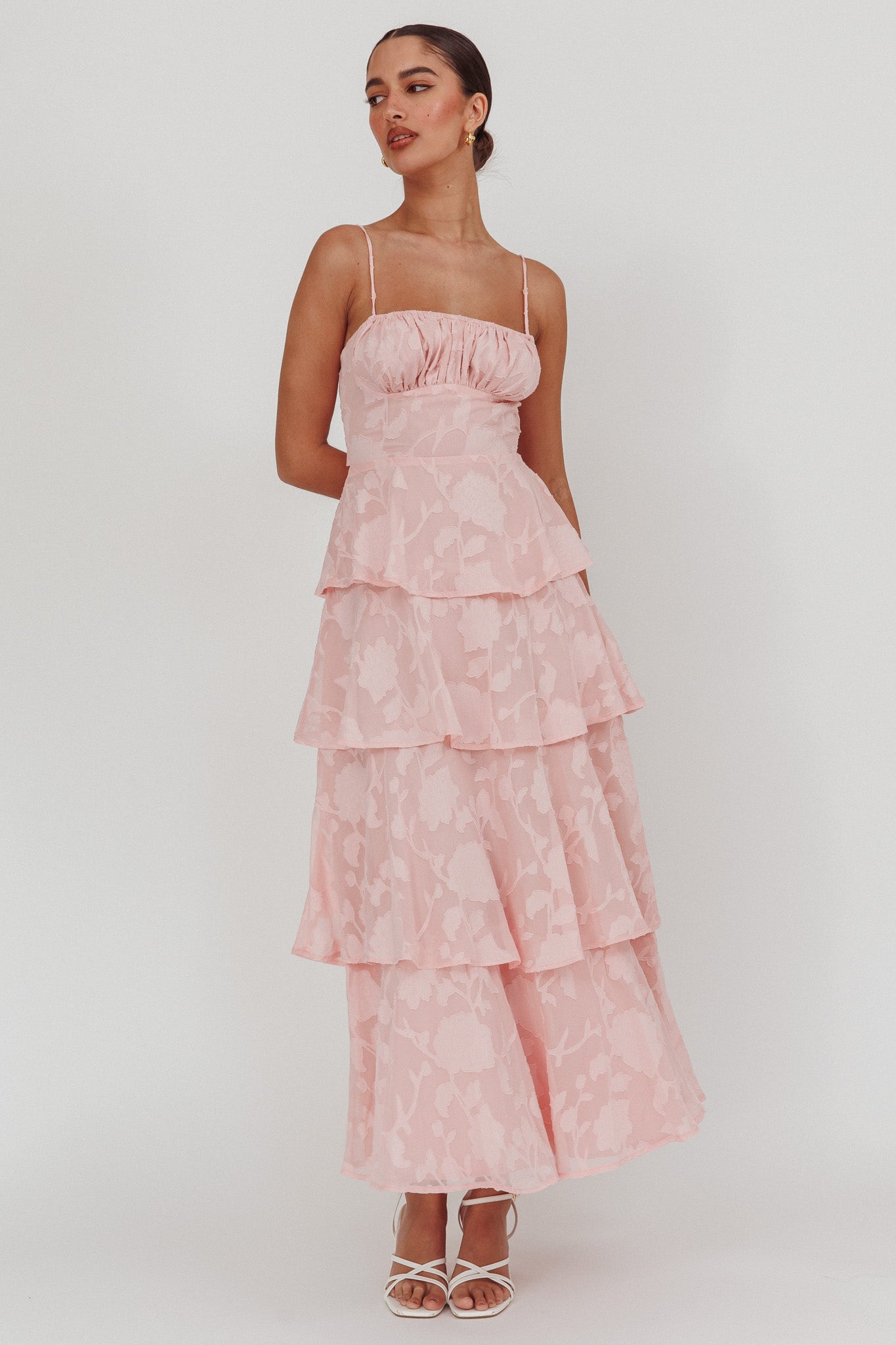 Provence Bloom Tiered Maxi Dress Jacquard Pink M