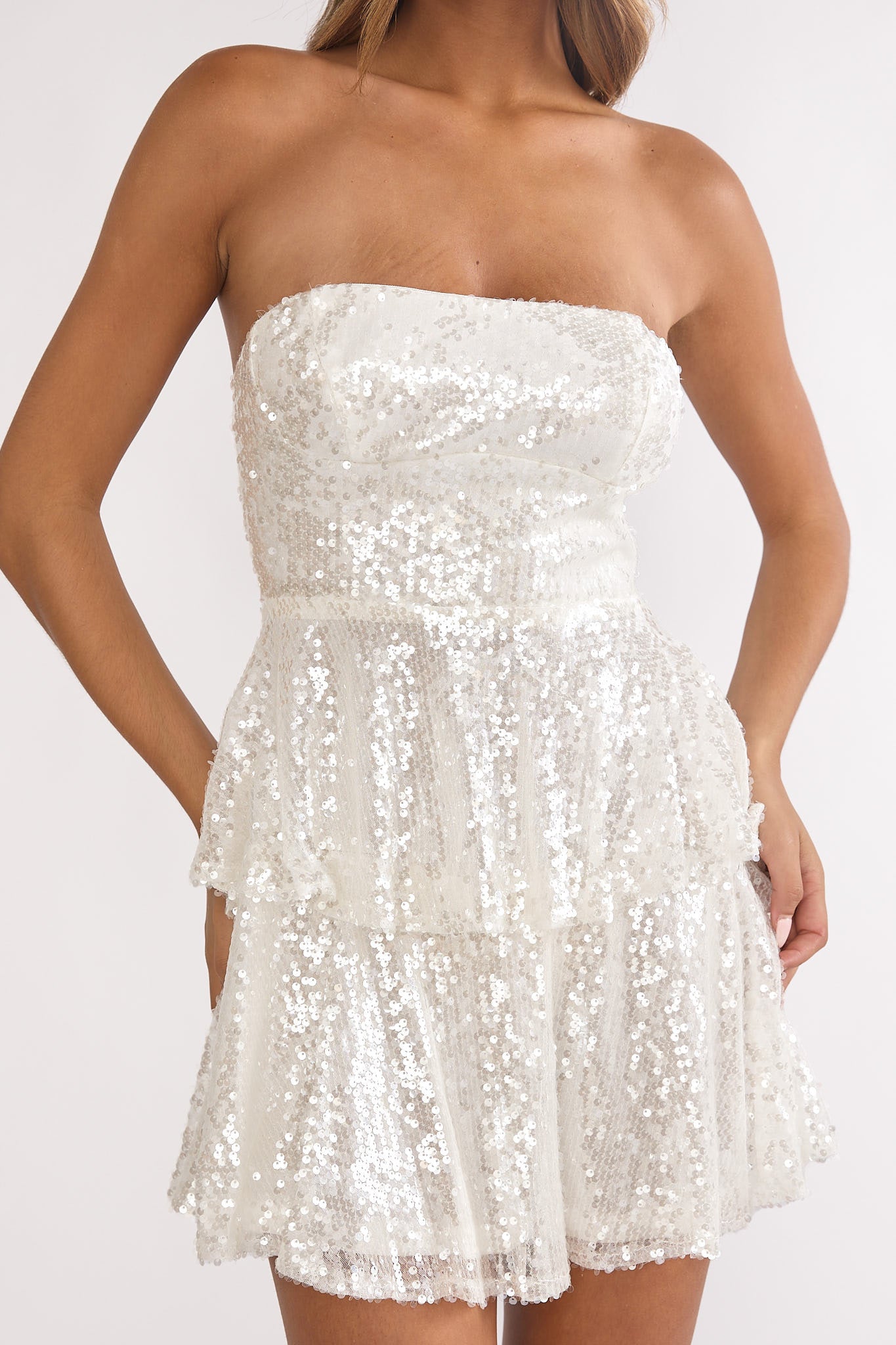Provence Bloom Tiered Sequin Mini Dress White Provence Bloom Tiered Sequin Mini Dress White