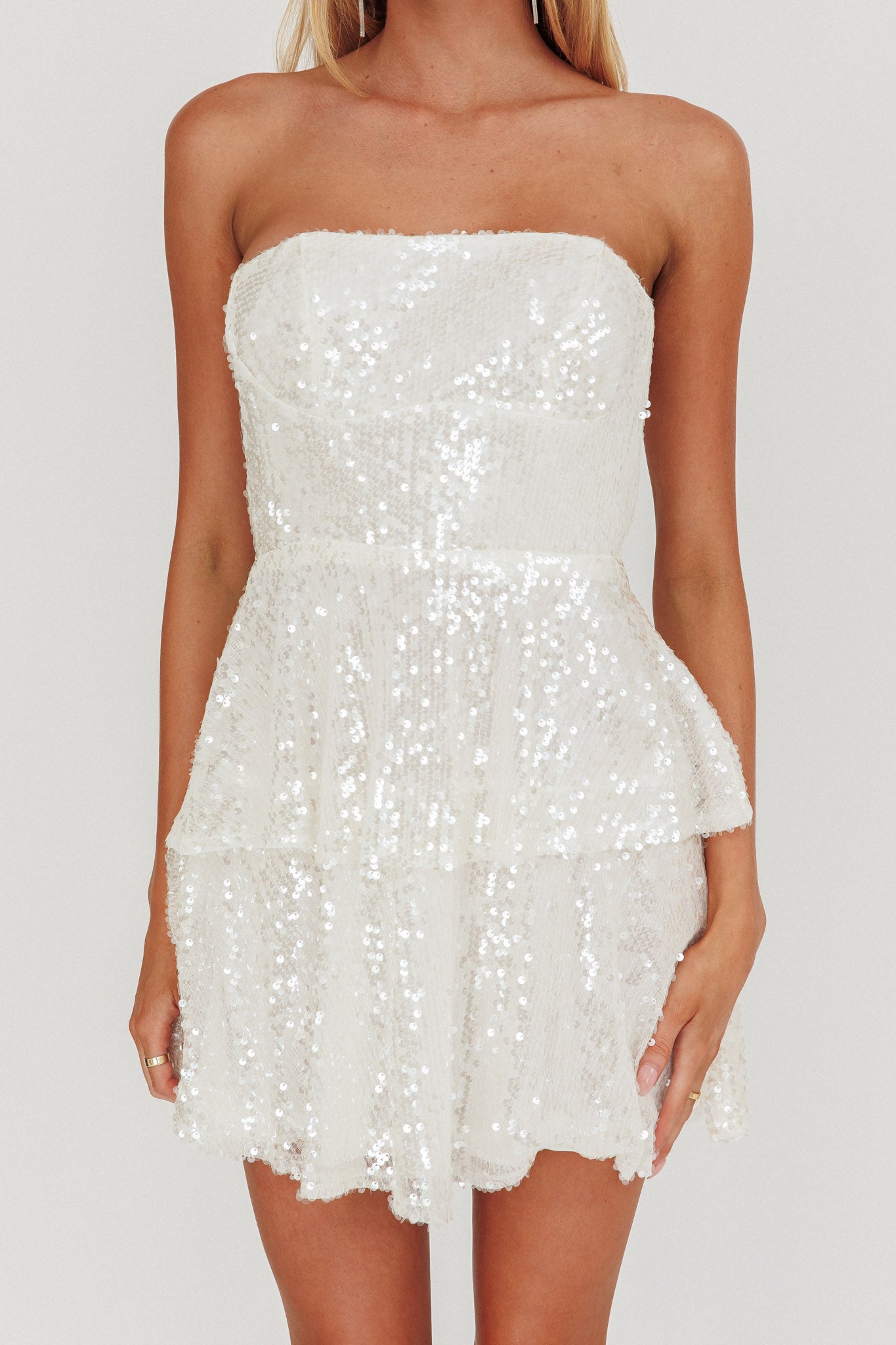 Provence Bloom Tiered Sequin Mini Dress White by Selfie Leslie