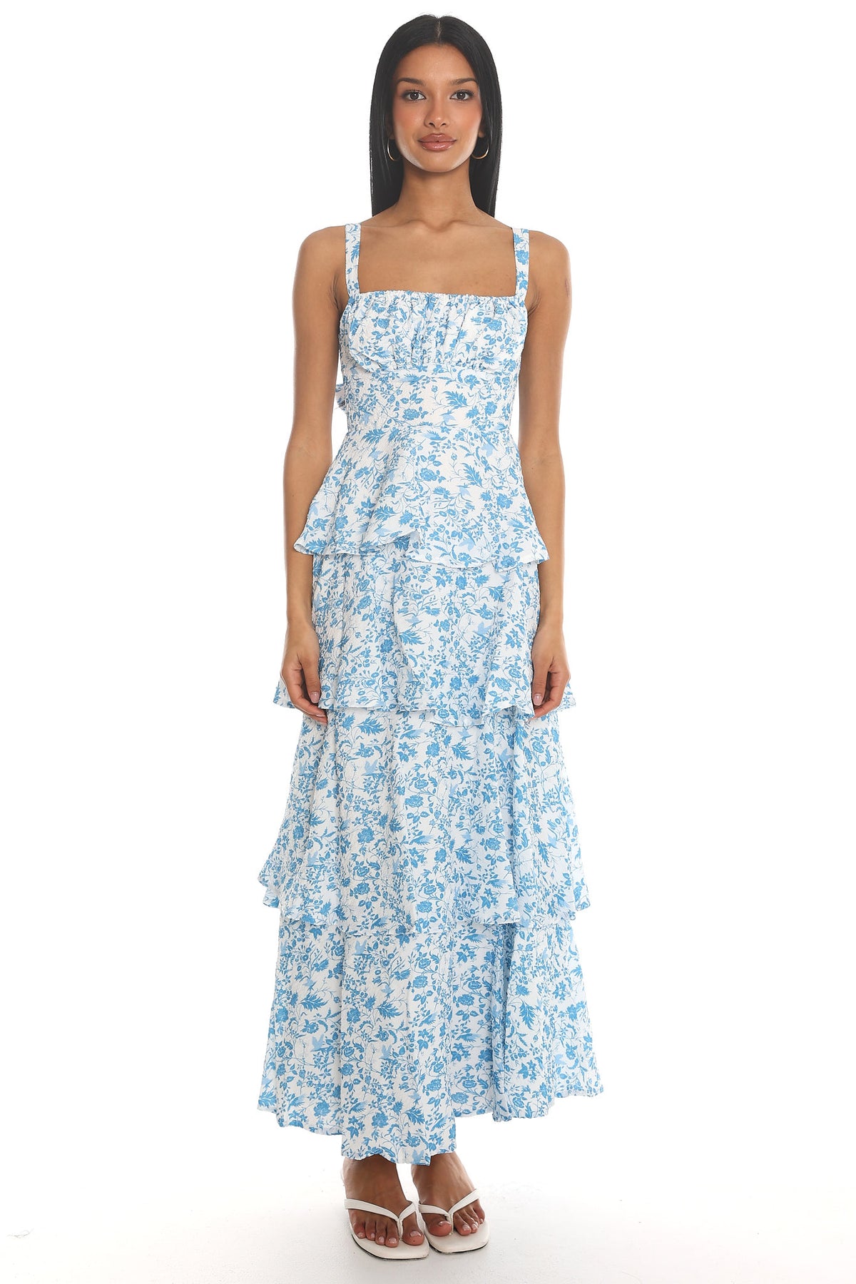 Provence Bloom Tiered Midi Dress Floral Blue by Selfie Leslie
