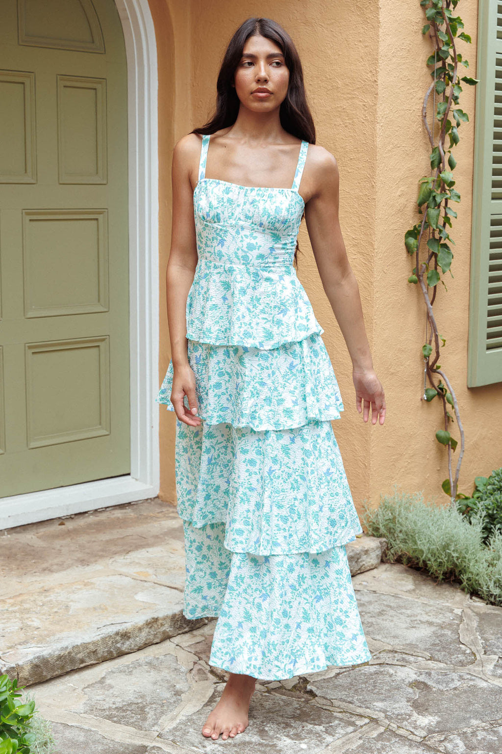Provence Bloom Tiered Midi Dress Floral Green by Selfie Leslie
