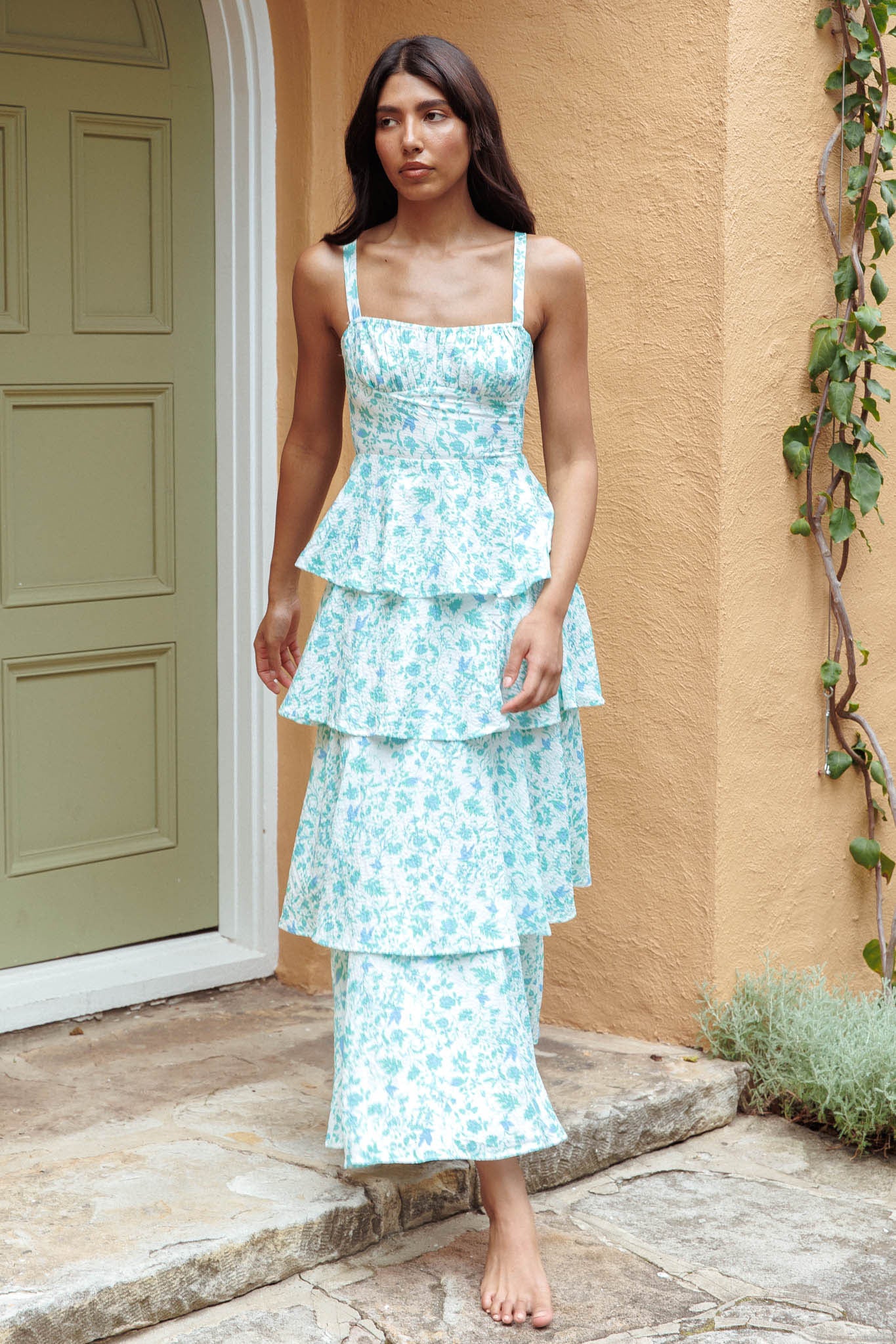Shop the Provence Bloom Tiered Midi Dress Floral Green