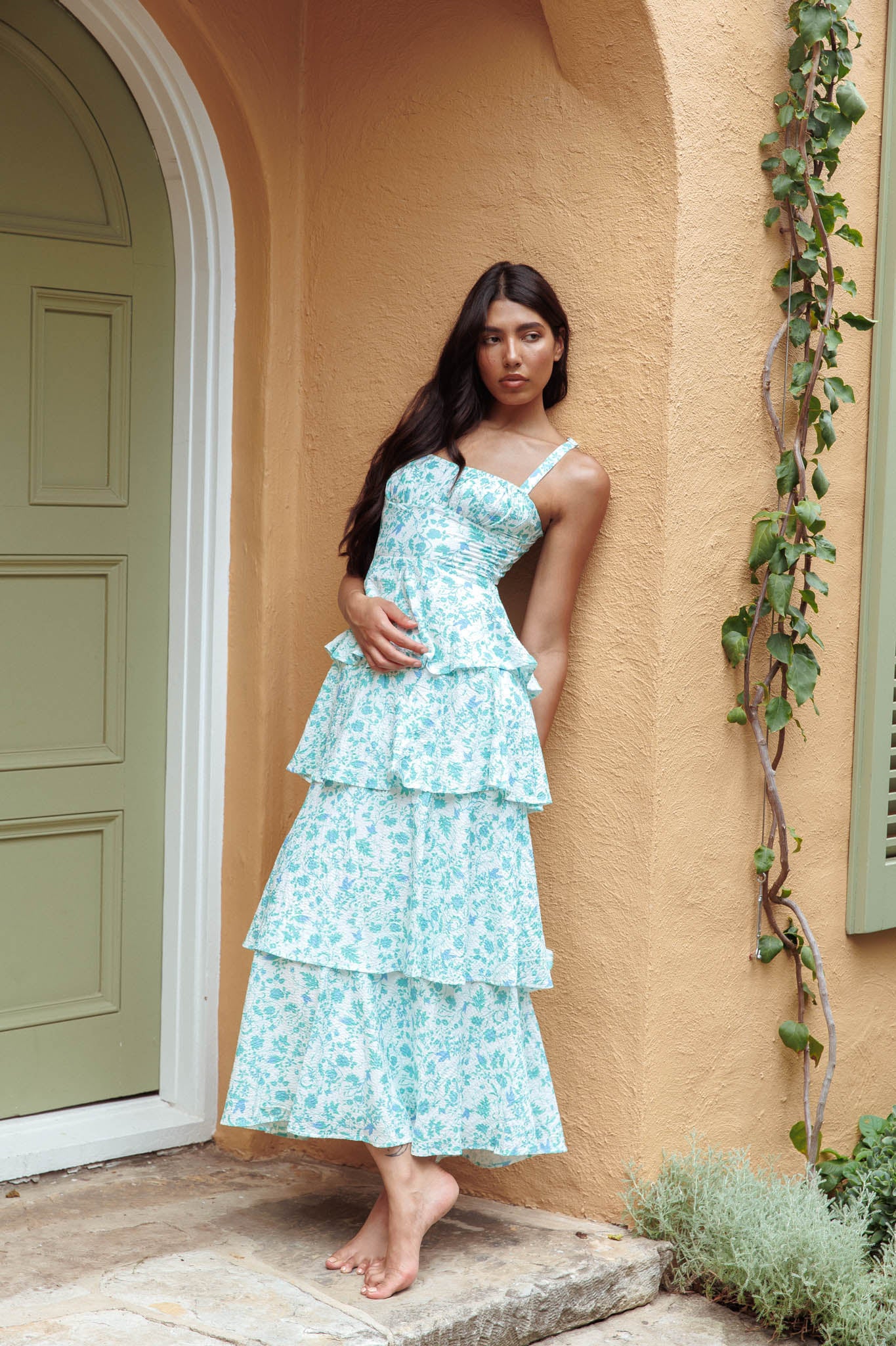 Provence Bloom Tiered Midi Dress Floral Green Provence Bloom Tiered Midi Dress Floral Green