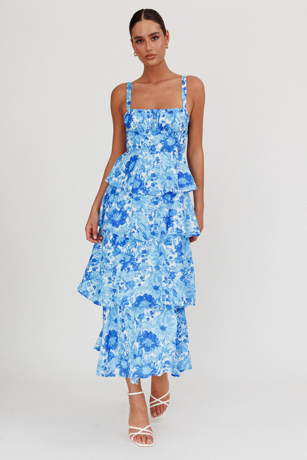 Provence Bloom Tiered Floral Maxi Dress Blue by Selfie Leslie