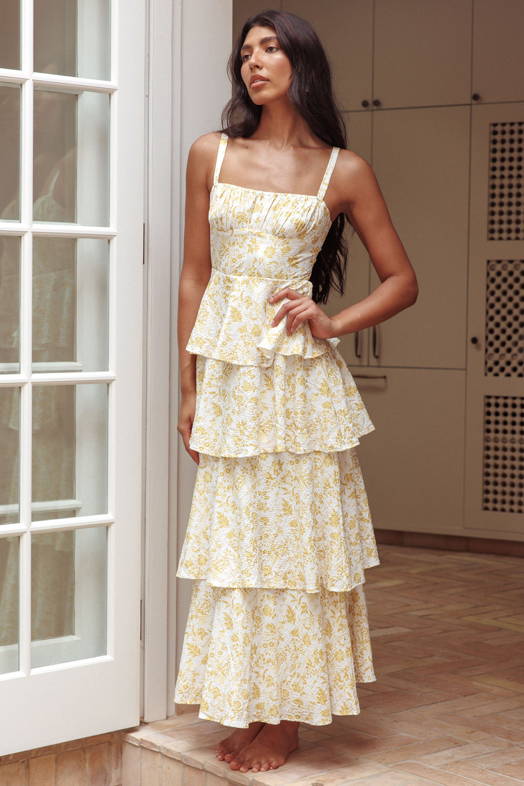yellow and white flower dress Provence Bloom Tiered Midi Dress Floral Yellow