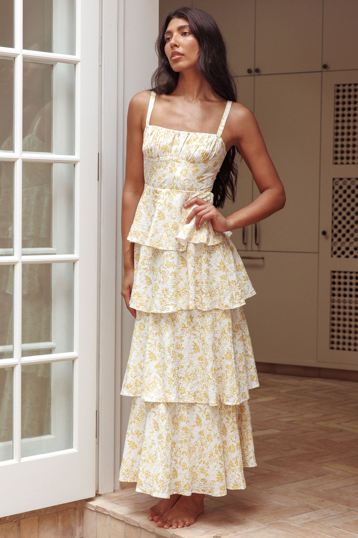 Provence Bloom Tiered Midi Dress Floral Yellow Selfie Leslie Provence Bloom Tiered Midi Dress Floral Yellow Selfie Leslie