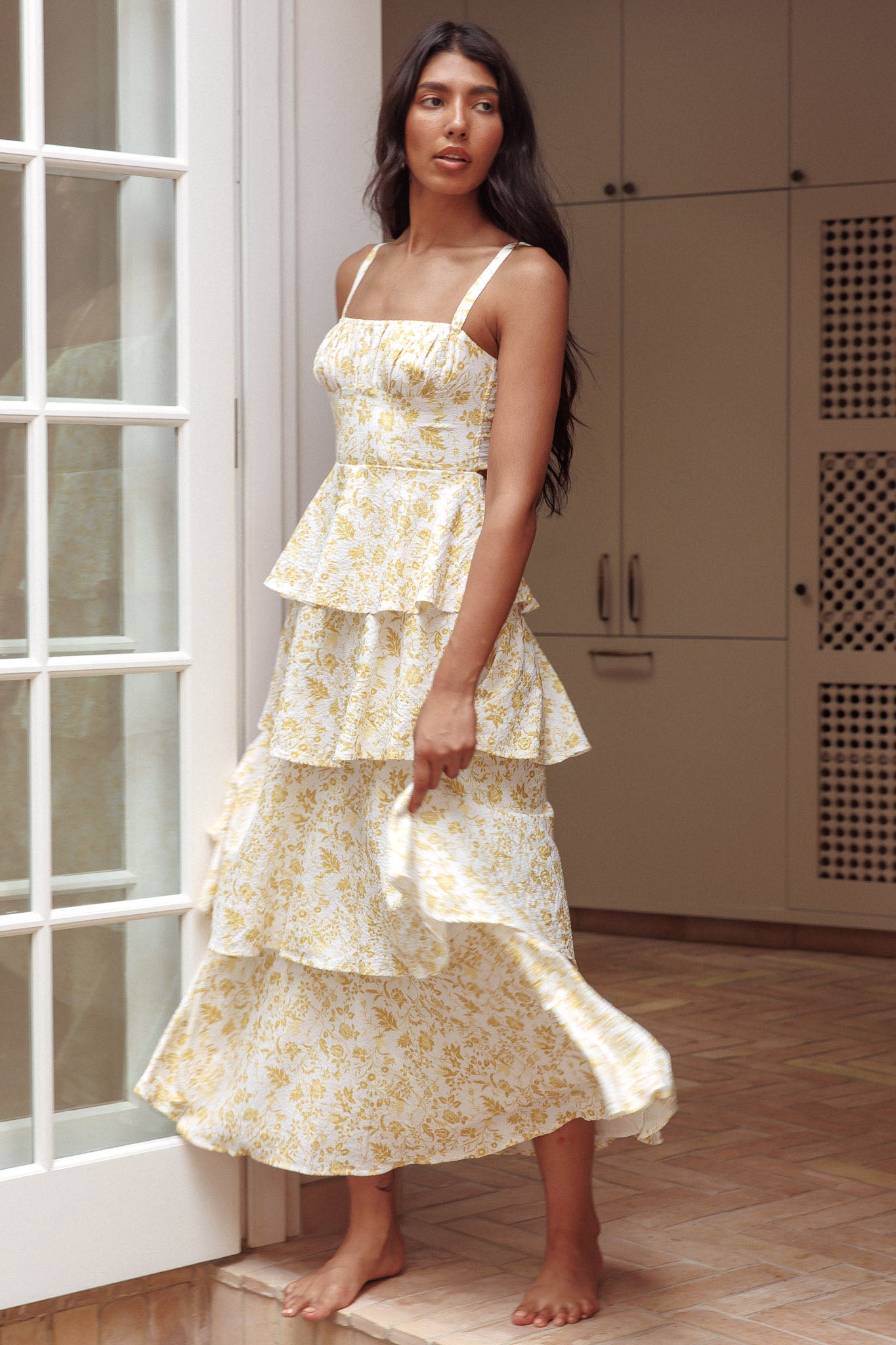 Provence Bloom Tiered Midi Dress Floral Yellow– Selfie Leslie