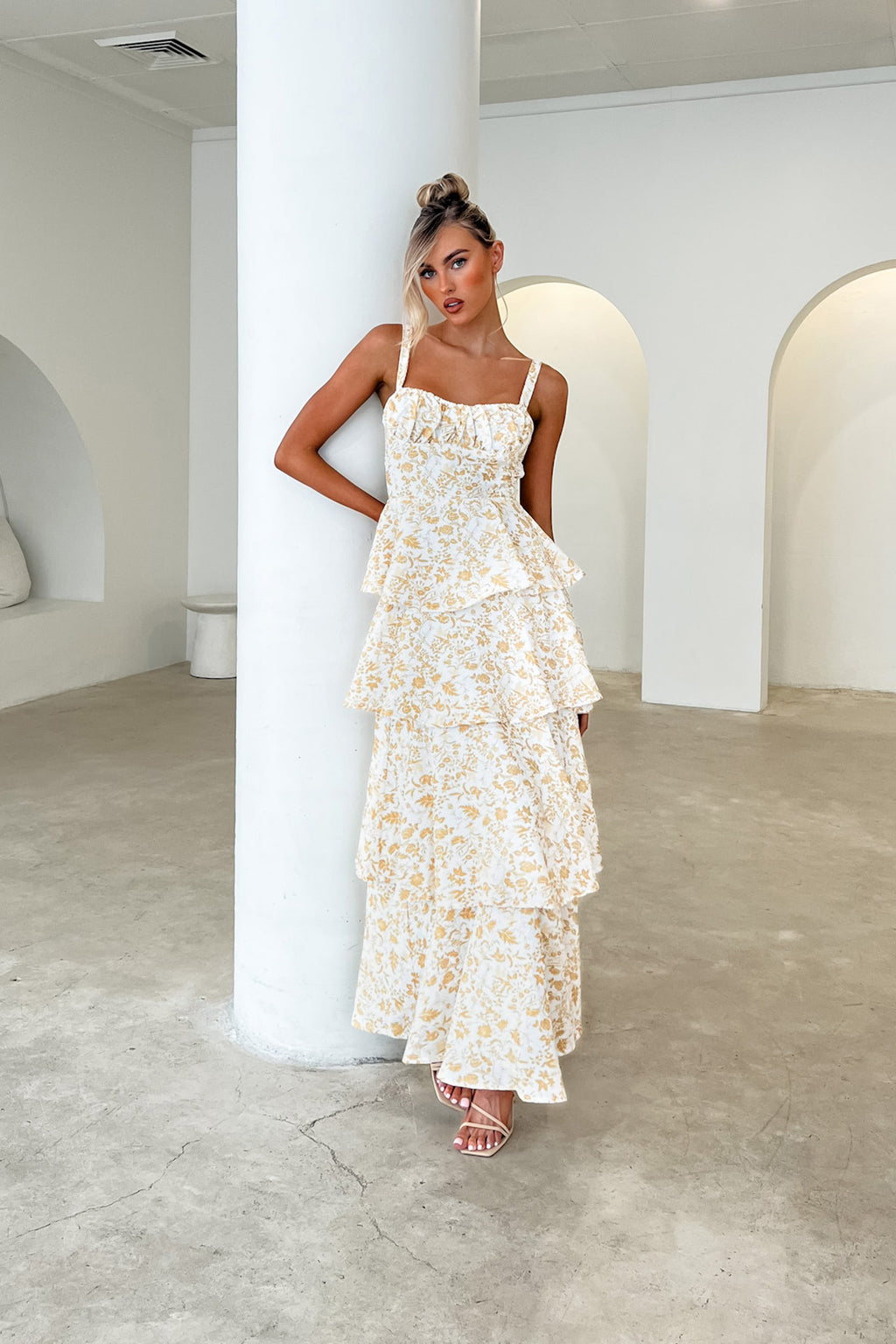 Provence Bloom Tiered Midi Dress Floral Yellow by Selfie Leslie