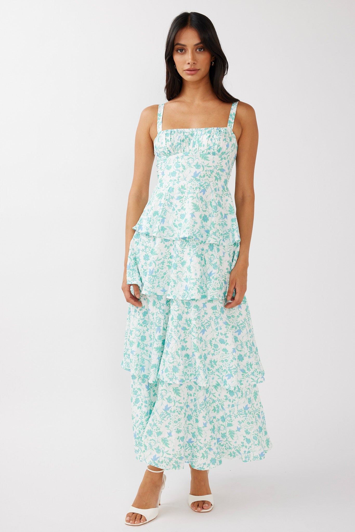 Provence Bloom Tiered Midi Dress Floral Green by Selfie Leslie