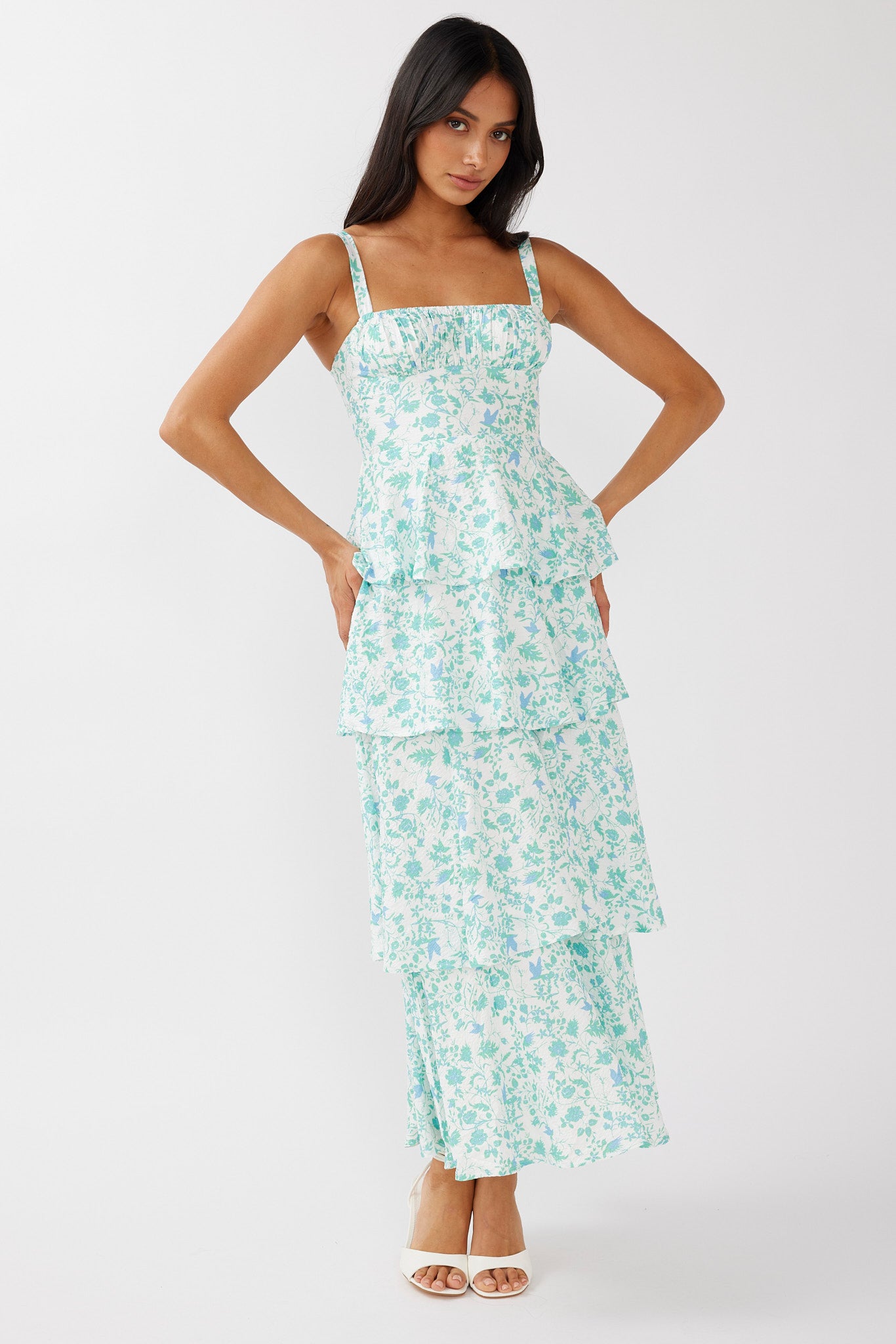Provence Bloom Tiered Midi Dress Floral Green by Selfie Leslie
