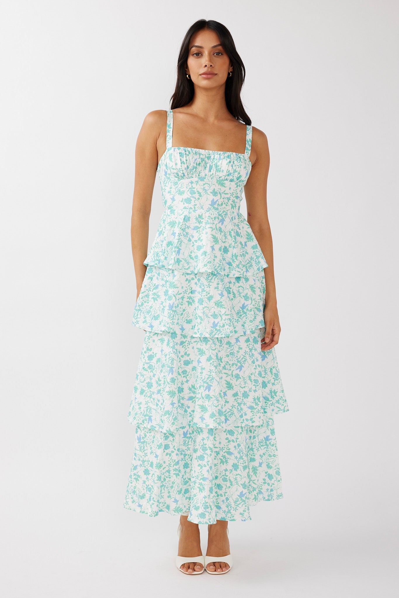provence bloom tiered midi dress floral blue Provence Bloom Tiered Midi Dress Floral Green