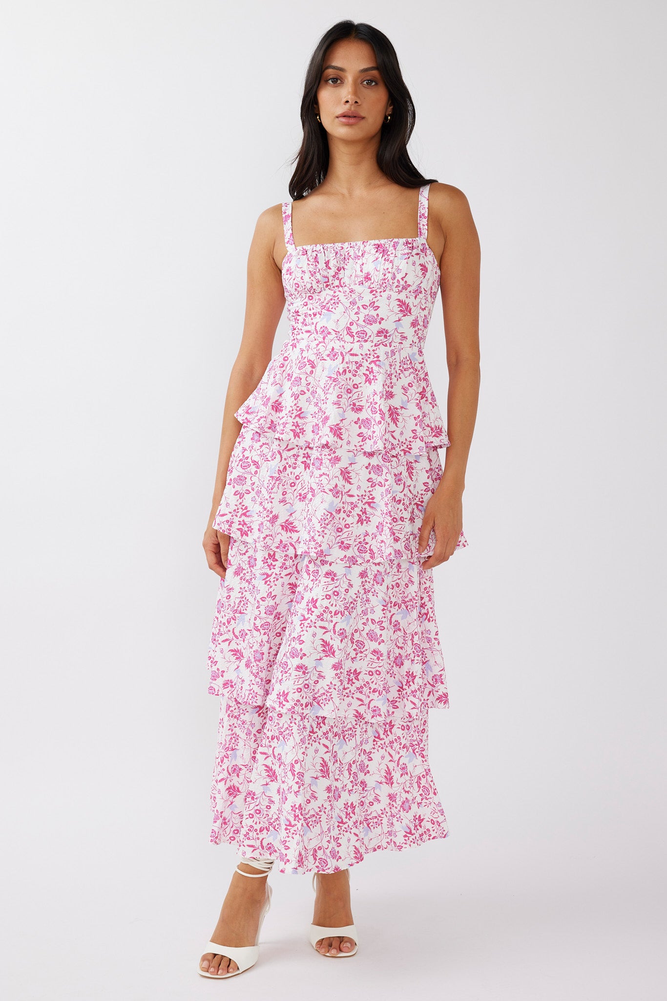 Provence Bloom Tiered Midi Dress Floral Pink Provence Bloom Tiered Midi Dress Floral Pink