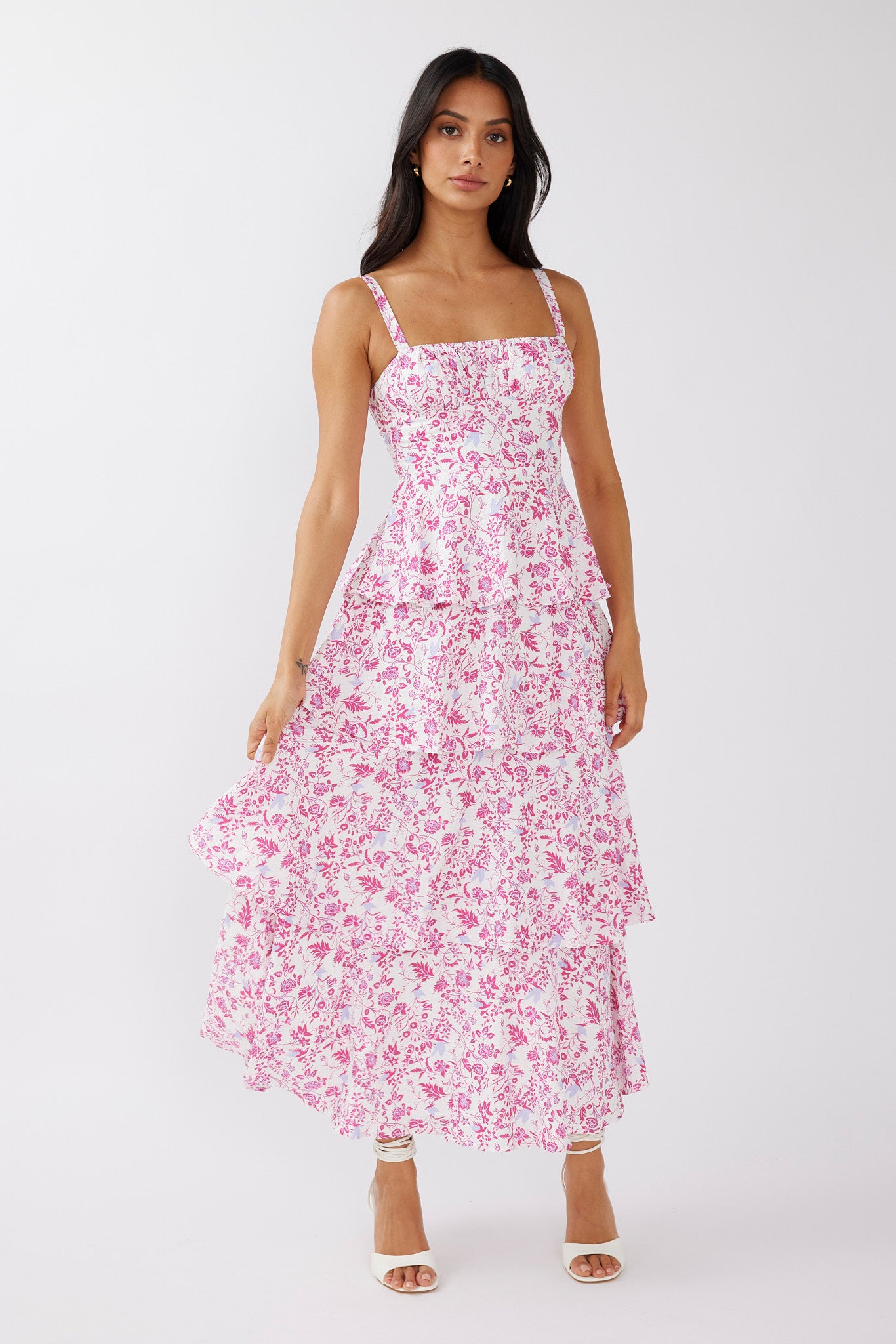 Shop the Provence Bloom Tiered Midi Dress Floral Pink | Selfie Leslie